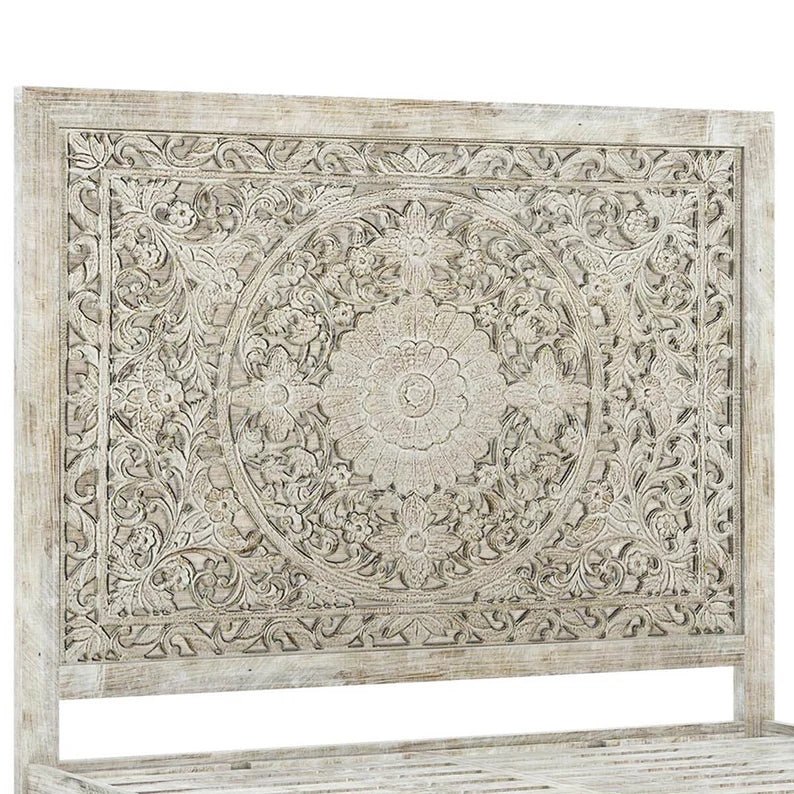 Hand Carved Rustic Solid Wood Bed Frame with White Headboard - Perfect for Farmhouse, Cottage & Vintage Style Bedrooms