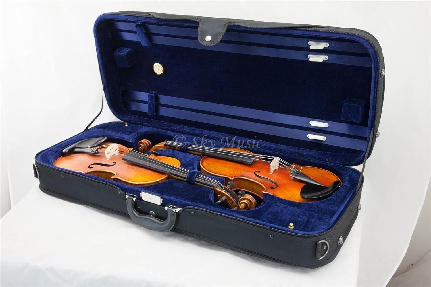 SKY Heavy Duty 4/4 Full Size Professional Double Violin Case - Black/Blue | Durable Wooden Violin Storage for Performances & Travel