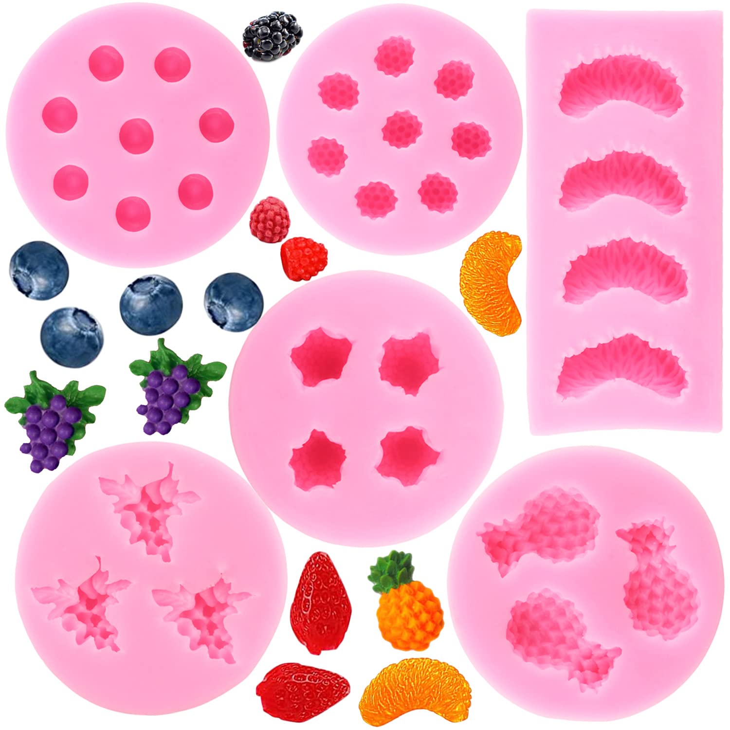 Premium Silicone Fruit-Shaped Jelly Molds Set of 6 - Strawberry, Orange, Pineapple, Mulberry, Blueberry & Grape for Cake Decorating, Cupcake Toppers, Chocolate & Candy Making - Perfect for Birthday Parties, Baking DIY and Home Kitchen Use