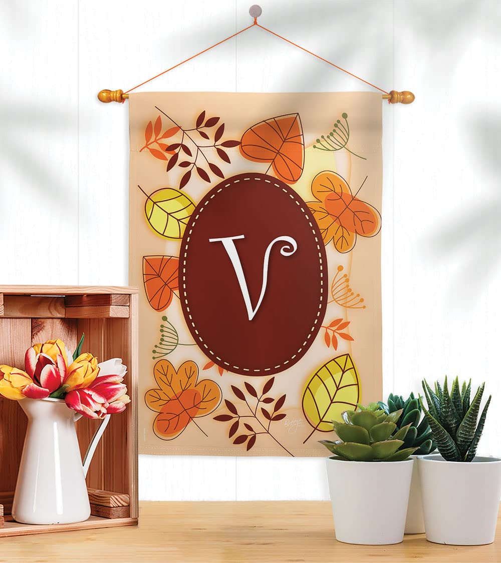 Autumn V Initial House Flag Set - 28x40in Thick Fabric for Fall Harvest Decor