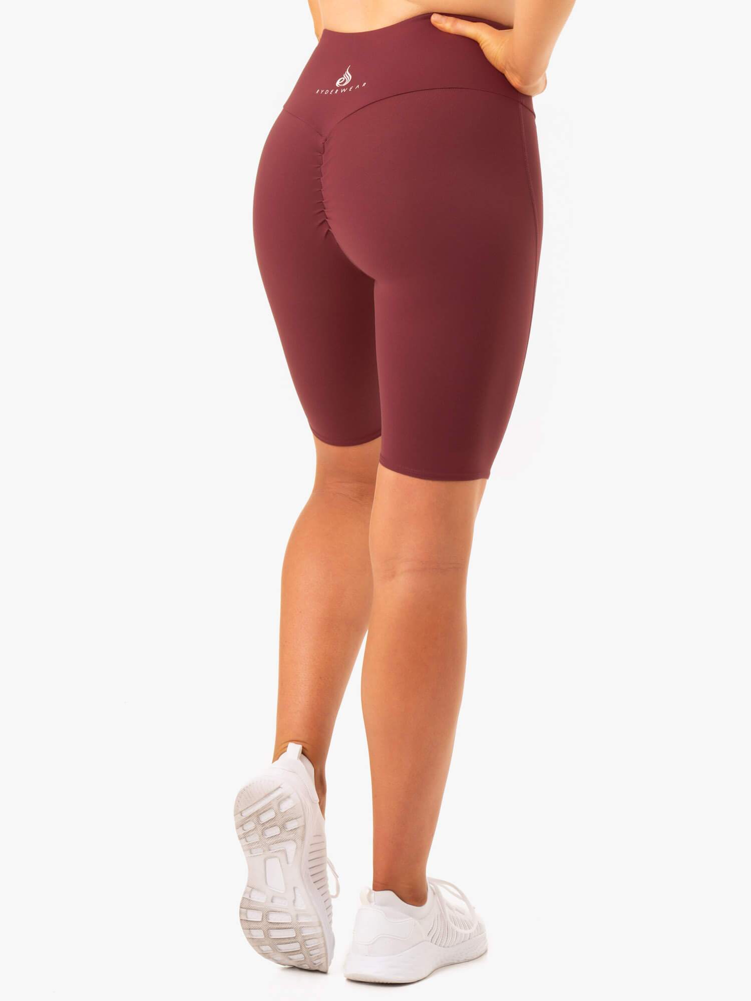 Staples Scrunch Bum Bike Shorts for Women - High Waisted Tummy Control Workout Shorts - Burgundy - Perfect for Cycling, Yoga & Gym
