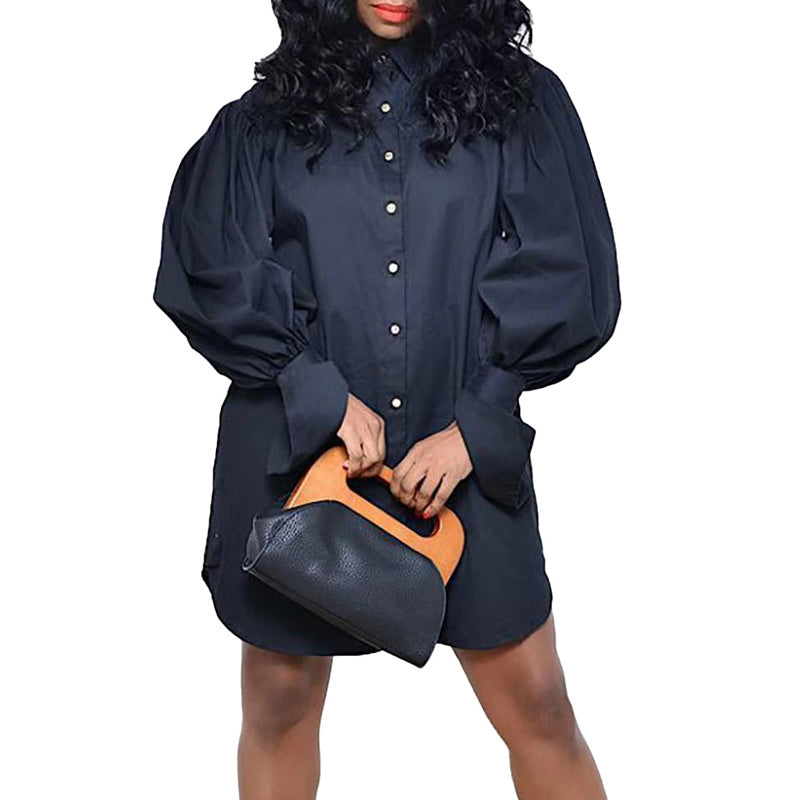 Stylish Solid Color Shirt Dress with Puffed Sleeves for Women | Casual & Office Wear | Perfect for Work, Dates & Everyday Outfits