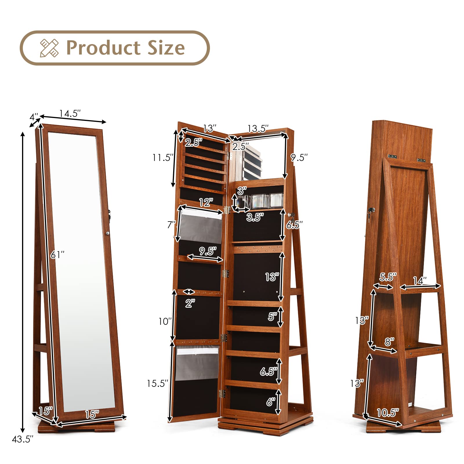 FANTASK 360° Rotating Jewelry Cabinet with Full-Length Mirror - Lockable Standing Jewelry Organizer with Inside Mirror & Rear Storage Shelves - Large Capacity Jewelry Armoire for Bedroom, Closet & Dressing Room Organization
