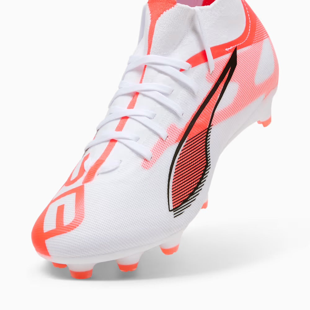 Puma Ultra 5 Match+ FG/AG Women's Soccer Cleats - White/Black/Glowing Red | Lightweight Football Shoes for Women | Perfect for Competitive Matches & Training Sessions