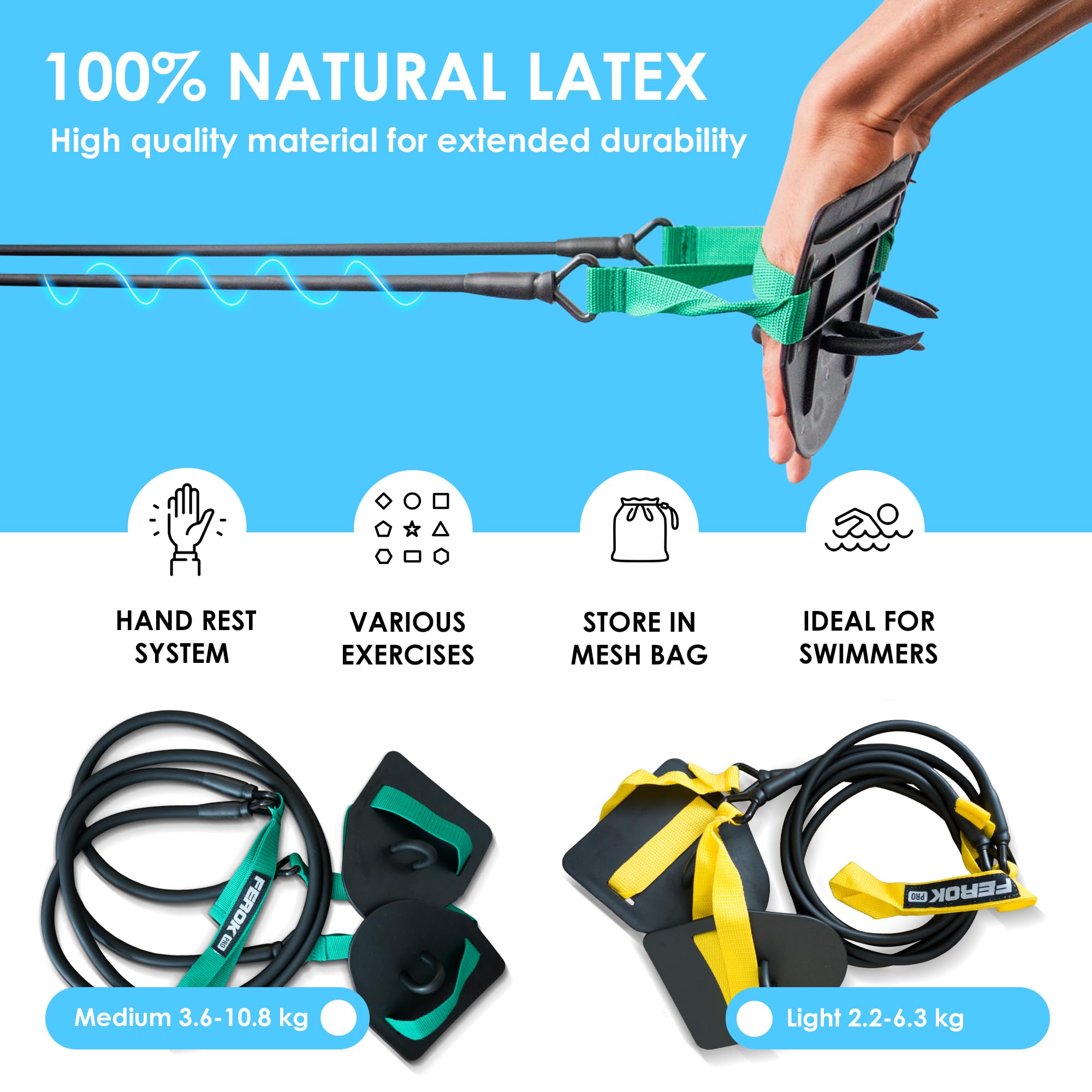 Premium Swimming Resistance Band Set with Hand Paddles - Professional Dryland Swim Training Equipment for Strength & Endurance - Waterproof Swim Exercise Bands & Cords - Ideal for Home Workouts, Poolside Training & Competitive Swimmers (Light Yellow)