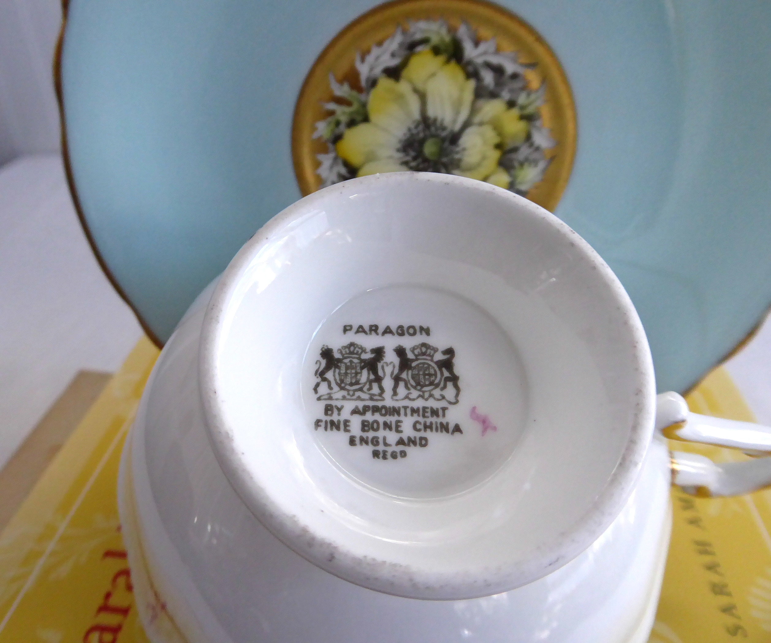 Vintage Paragon Cup and Saucer Set - Luxe Gold Trim with Aqua Poppies Design, Queen Elizabeth Warrant 1950s - Perfect for Afternoon Tea, Collectible China Display, and British Royalty Memorabilia