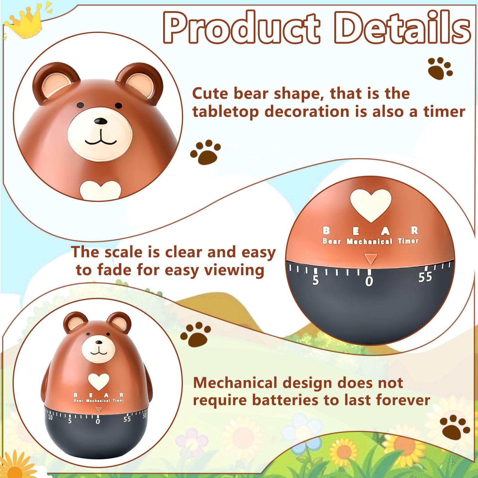 Exbrith 1-Piece Manual Mini Cooking Alarm Timer - Portable Countdown Bear-Shaped Mechanical Kitchen Timer for Baking, Cooking, Studying & Sports - Perfect for Home, Office & Classroom Use