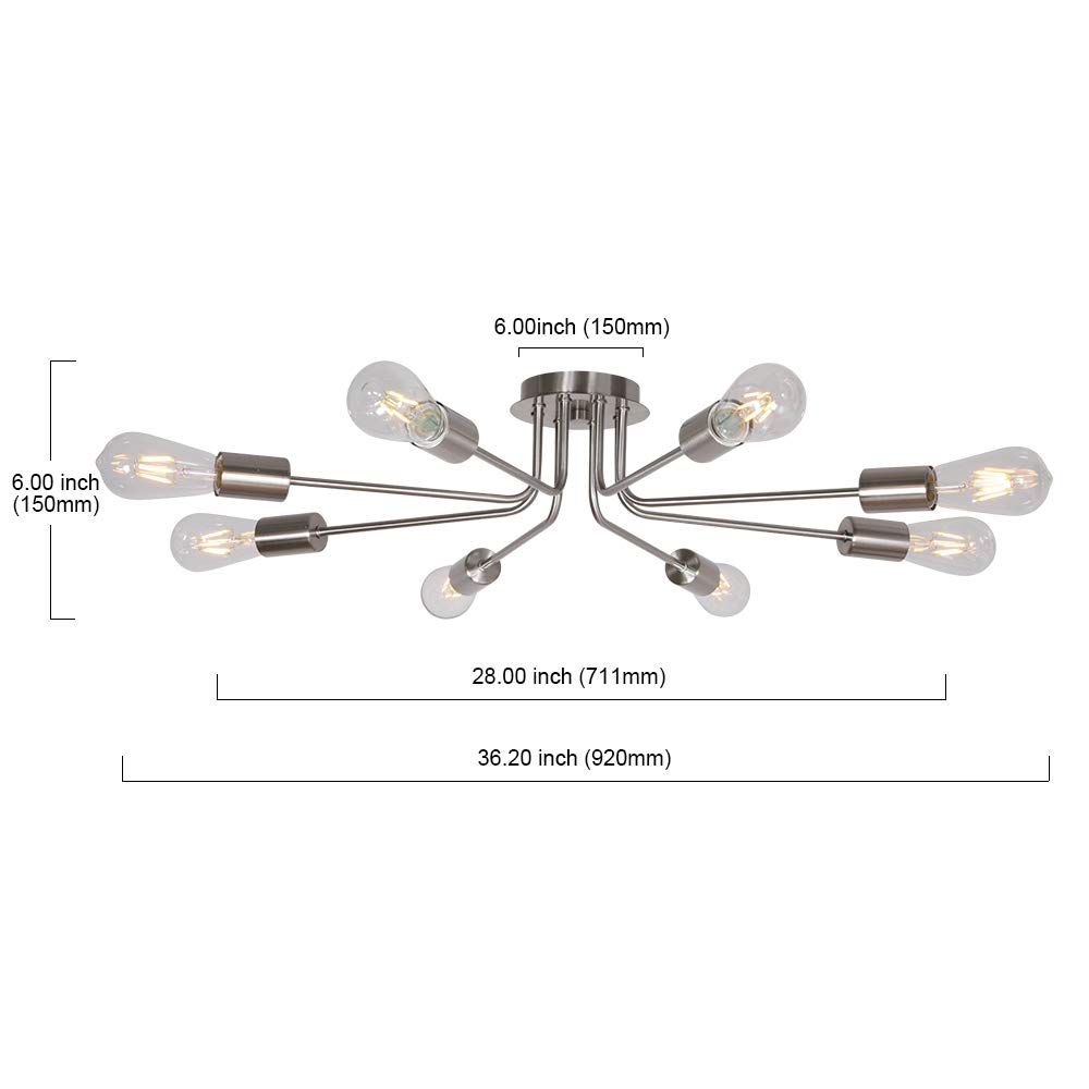 Mid Century Modern 8-Light Chandelier - Brushed Nickel Semi-Flush Mount Ceiling Light Fixture for Kitchen, Dining Room & Living Room | Elegant Lighting for Home Decor