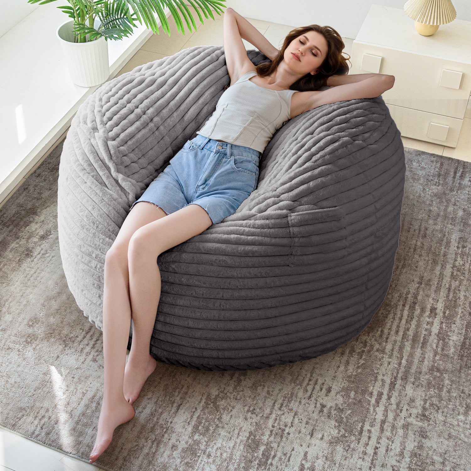 MAXYOYO Giant Bean Bag Chair Bed - Extra Large Striped Faux Fur Beanbag for Adults & Teens, Grey - Perfect for Living Room, Bedroom, Game Room & Dorm Relaxation