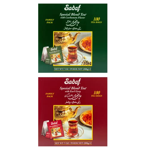 Premium Sadaf Tea Bags Bundle - 100 Cardamom Tea Bags & 100 Earl Grey Tea Bags - Authentic Persian Black Tea Special Blend (Pack of 2, Total 200 Bags) - Perfect for Afternoon Tea, Office Break or Gift Giving