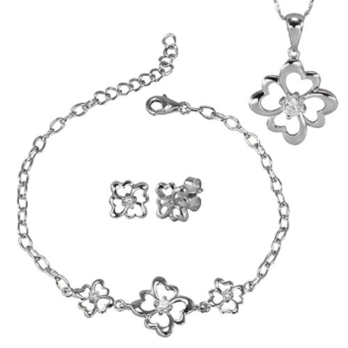 Dahlia Four Leaf Clover Sterling Silver Jewelry Set with Cubic Zirconia - Lucky Charm Pendant Necklace, Earrings & Bracelet Gift for Women - Perfect for St. Patrick's Day, Birthday & Everyday Wear