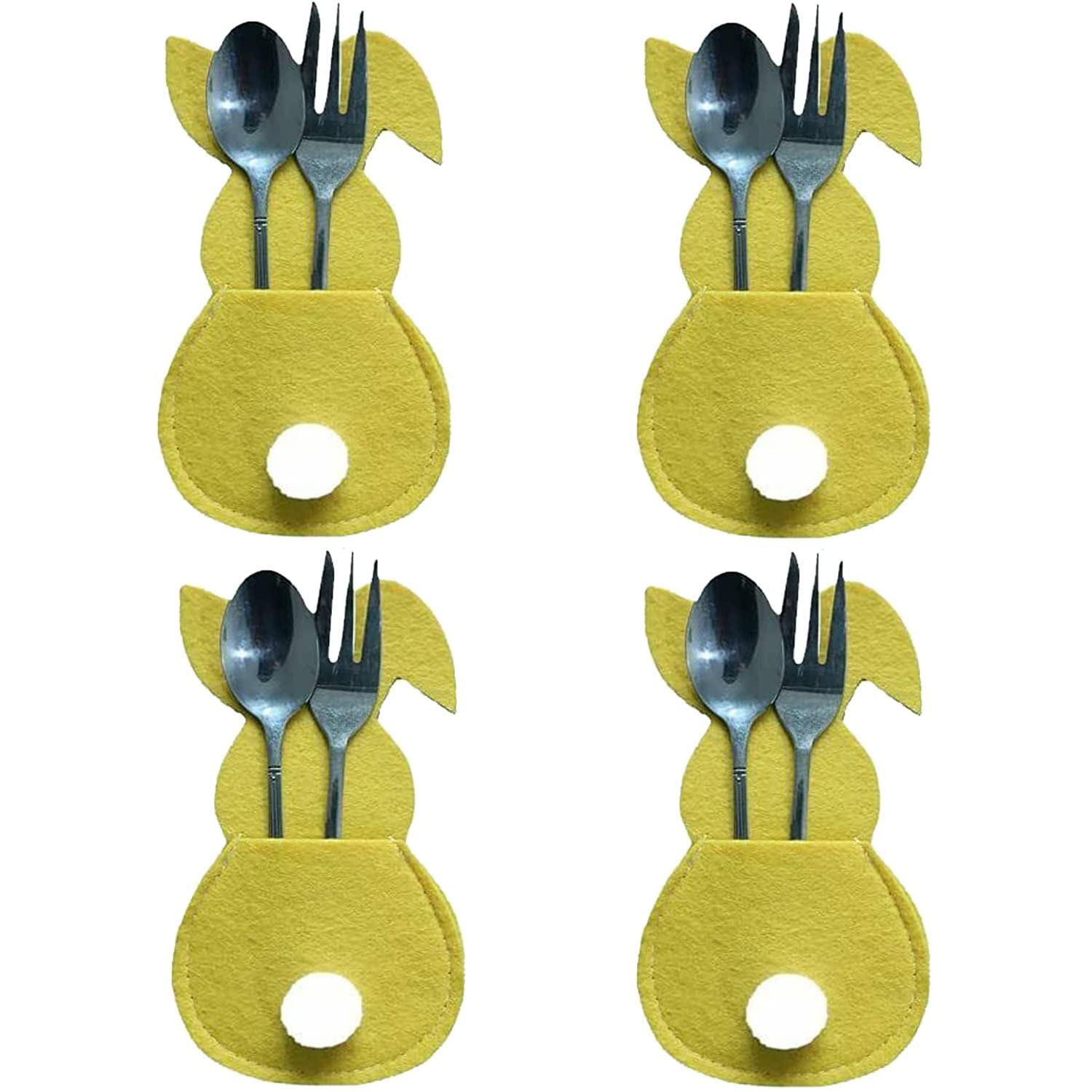 Easter Bunny Cutlery Set - 4 Pcs Knife and Fork Covers with Rabbit Tail Design, Easter Tableware Decorations for Holiday Dining - Perfect for Easter Brunch, Party Table Settings & Spring Home Decor (Yellow)