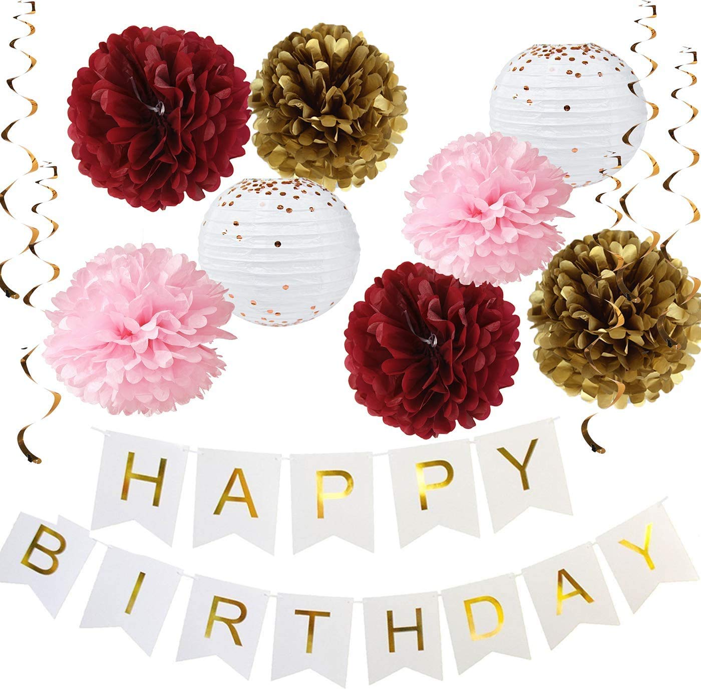 Burgundy Pink Gold Happy Birthday Banner & Polka Dot Paper Lanterns - Fall Birthday Party Decorations Set for Autumn, Halloween, Thanksgiving Celebrations - Perfect for Home, Office & Outdoor Decor