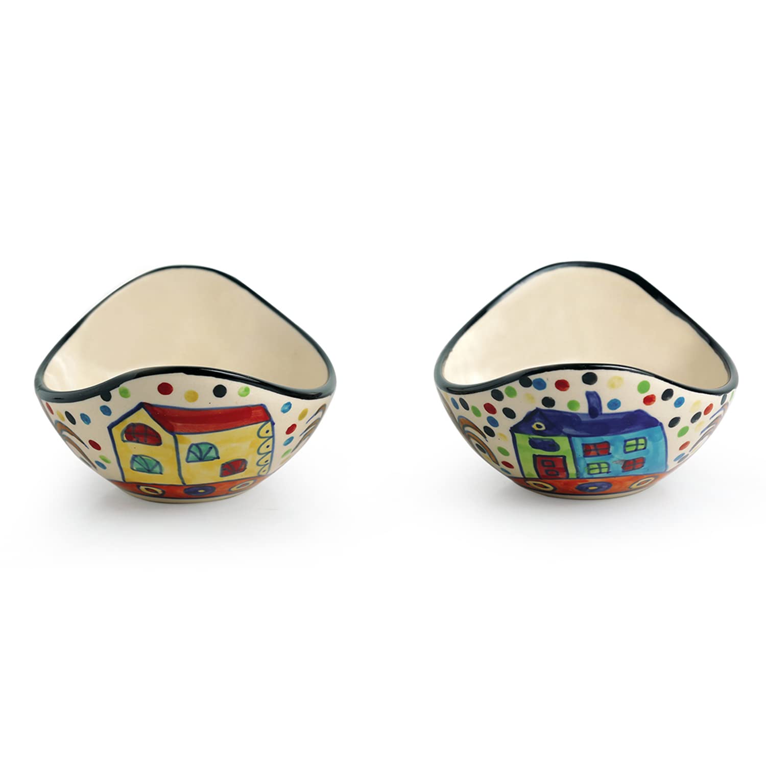 Handpainted Ceramic Serving Bowls Set (2-Piece, 190ml) - Microwave Safe, Curved Design for Snacks, Fruits & Appetizers | Perfect for Kitchen, Dining & Party Serving