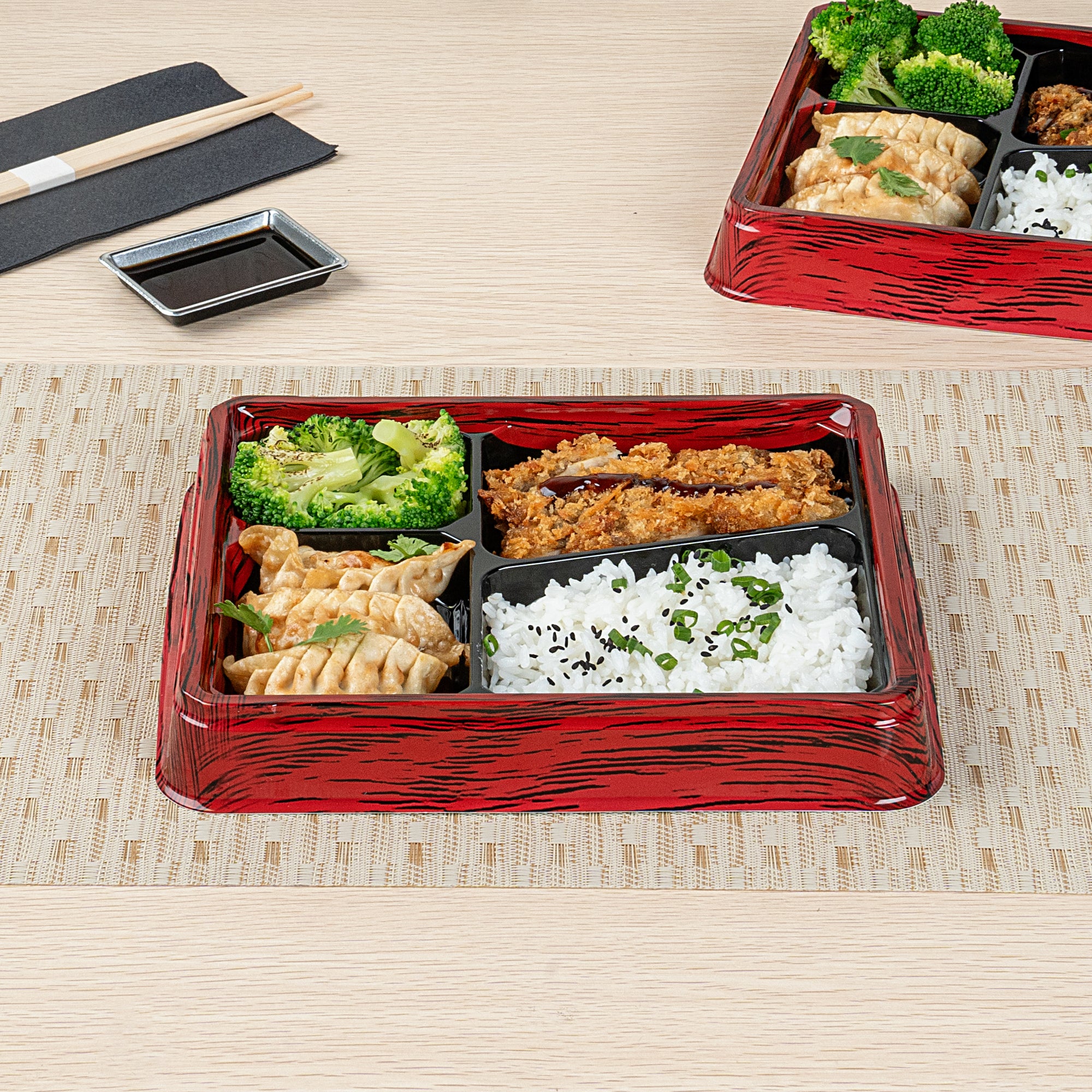 Bento Tek 19 oz Rectangle Red and Black Plastic Bento Box with 4 Compartments - 9.25