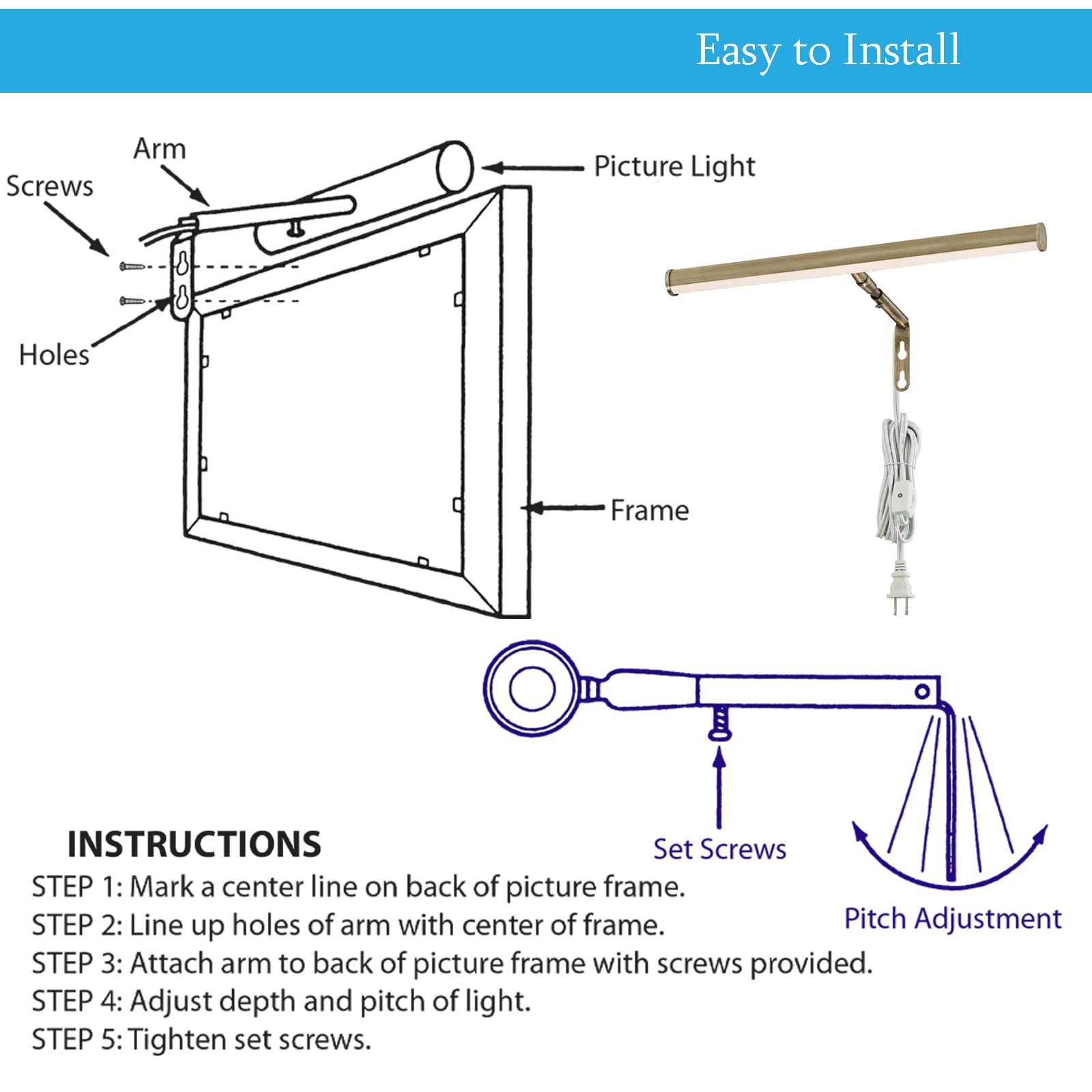 Ciata 14-Inch Adjustable LED Picture Light for Wall Art - 15W Metal Frame Light with In-Line On/Off Switch & E12 Candelabra Base in Antique Brass - Perfect for Gallery Displays, Home Decor & Artwork Illumination