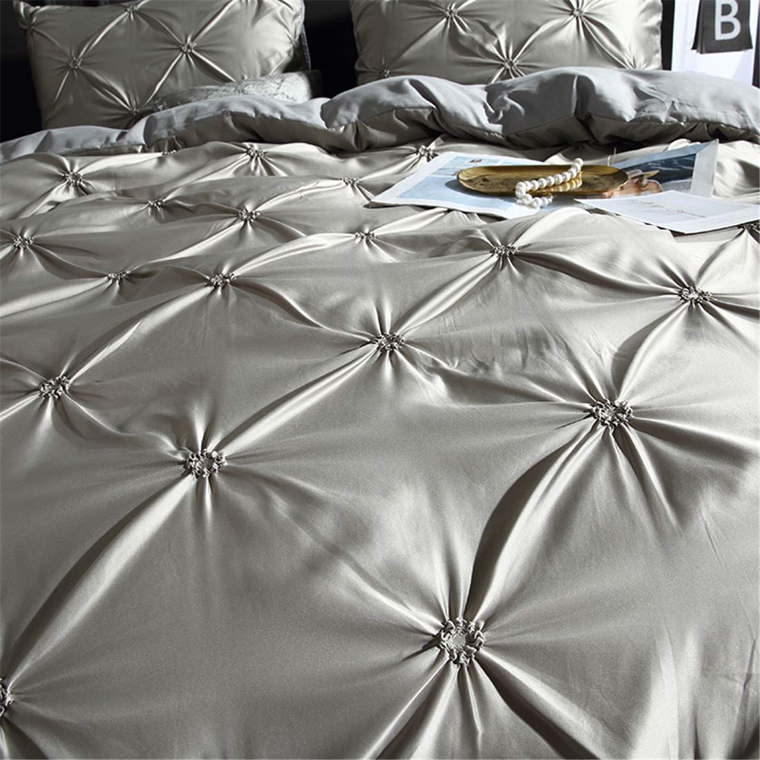 Erosebridal Grey Pinch Pleated Duvet Cover Set - King Size Silk-Like Satin Pintuck Bedding with Zipper & Ruffle Design, Luxury Microfiber Comforter Cover for Master Bedroom, Guest Room & Hotel Decor
