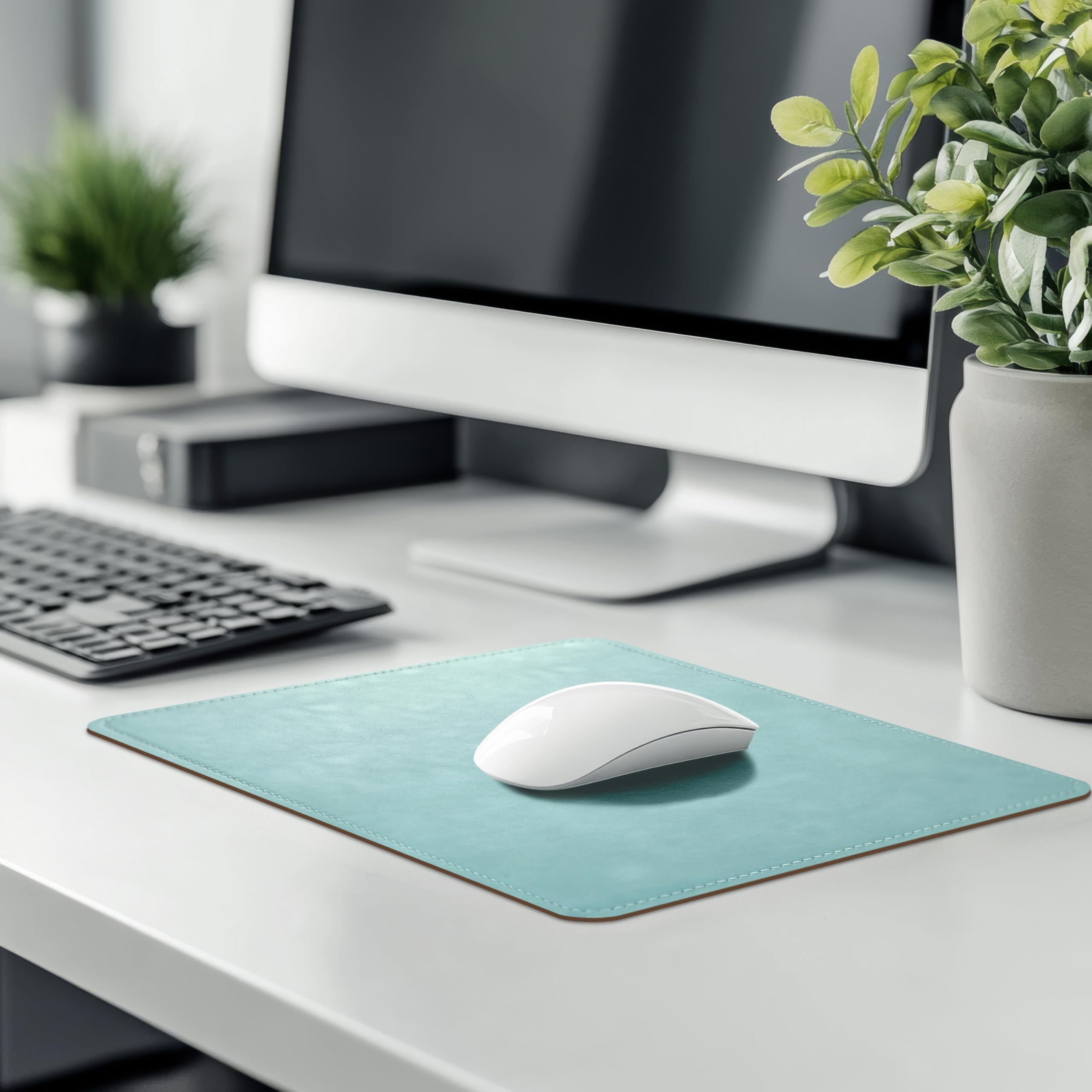 Premium PU Leather Mouse Pad with Stitched Edge - Non-Slip Microfiber Base, Waterproof Desk Mat for Computer & Laptop (8x11 Inch, Light Blue) - Ideal for Office, Gaming & Home Workspace
