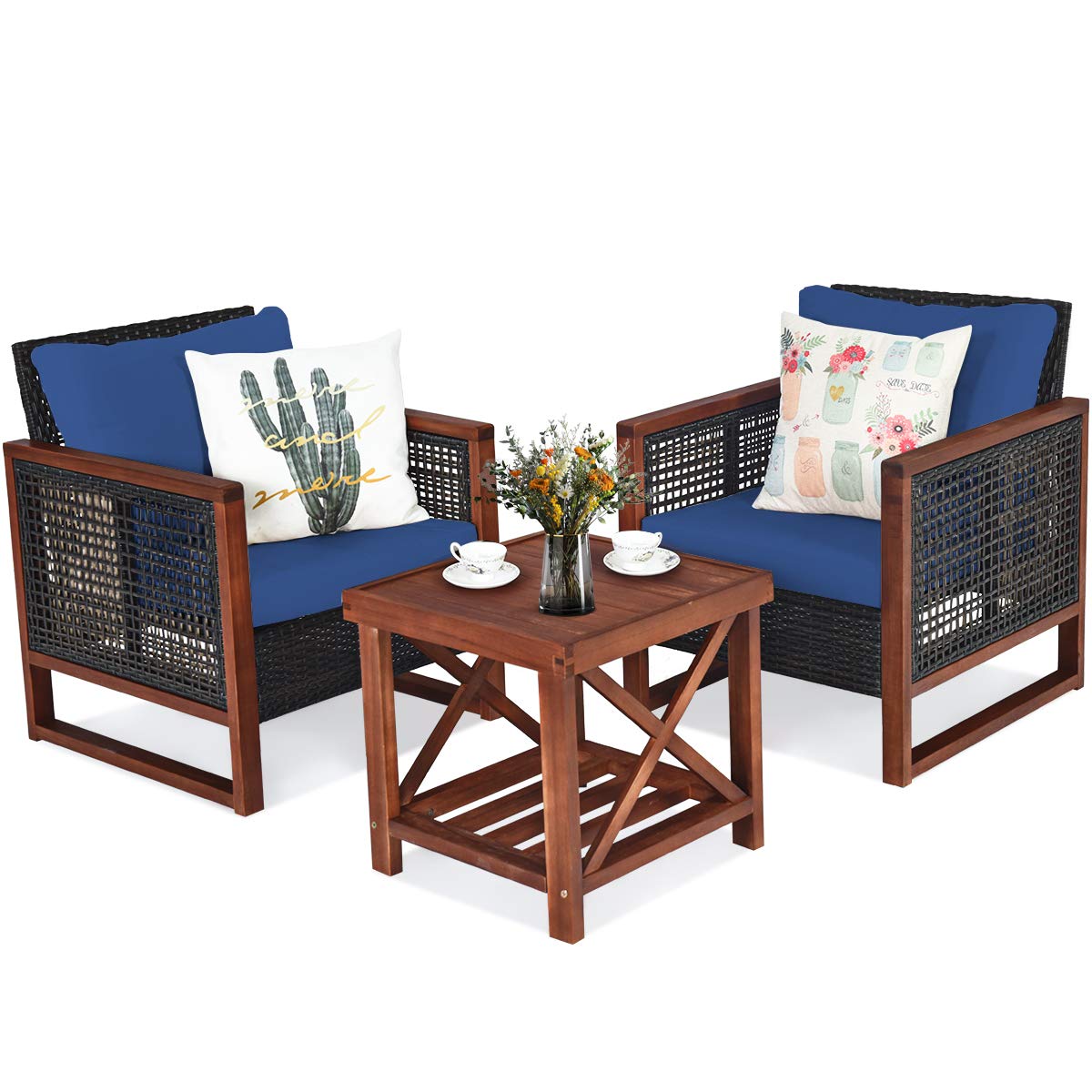 **Tangkula 3-Piece Patio Wicker Furniture Set - Outdoor Rattan Sofa Set with Washable Cushions & Acacia Wood Coffee Table - Garden, Balcony, Backyard Conversation Bistro Set (Blue) - Perfect for Relaxing, Entertaining, and Outdoor Dining**