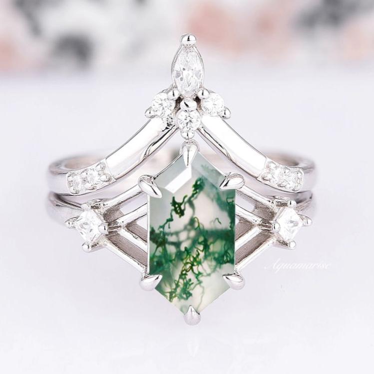14K White Gold Celtic Hexagon Green Moss Agate Ring Set for Women - Elegant Nature-Inspired Jewelry for Weddings, Anniversaries & Boho Fashion