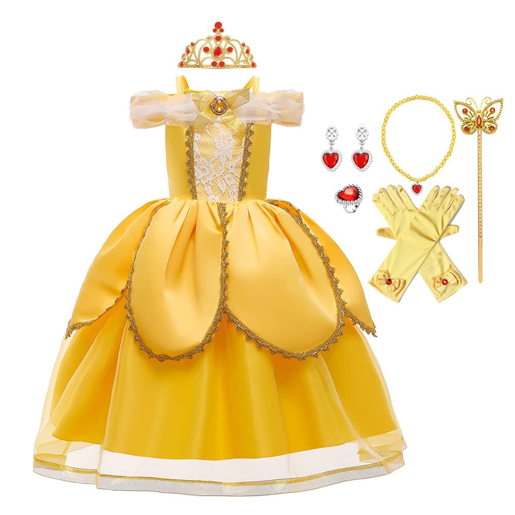 MYRISAM Girls Belle Princess Dress - Beauty and the Beast Costume for Halloween, Carnival, Cosplay, Christmas & Birthday Parties - Elegant Ball Gown for Kids Dress Up & Fantasy Play