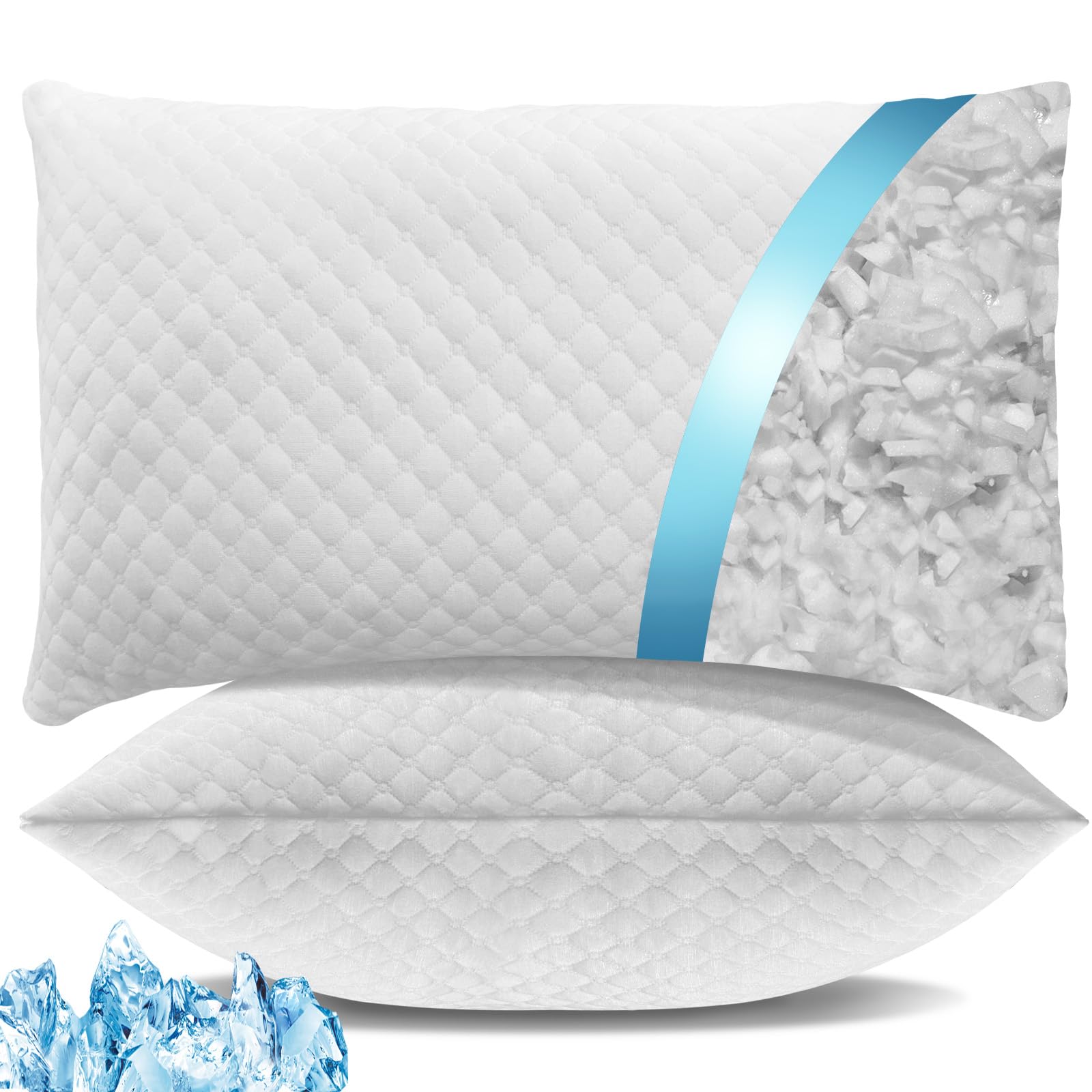 Shredded Memory Foam Pillows - Queen Size Set of 2, Cooling Bed Pillows for Side, Back & Stomach Sleepers, Adjustable Firmness with Washable Removable Cover | Perfect for Hot Sleepers, Neck Pain Relief & Better Sleep Quality