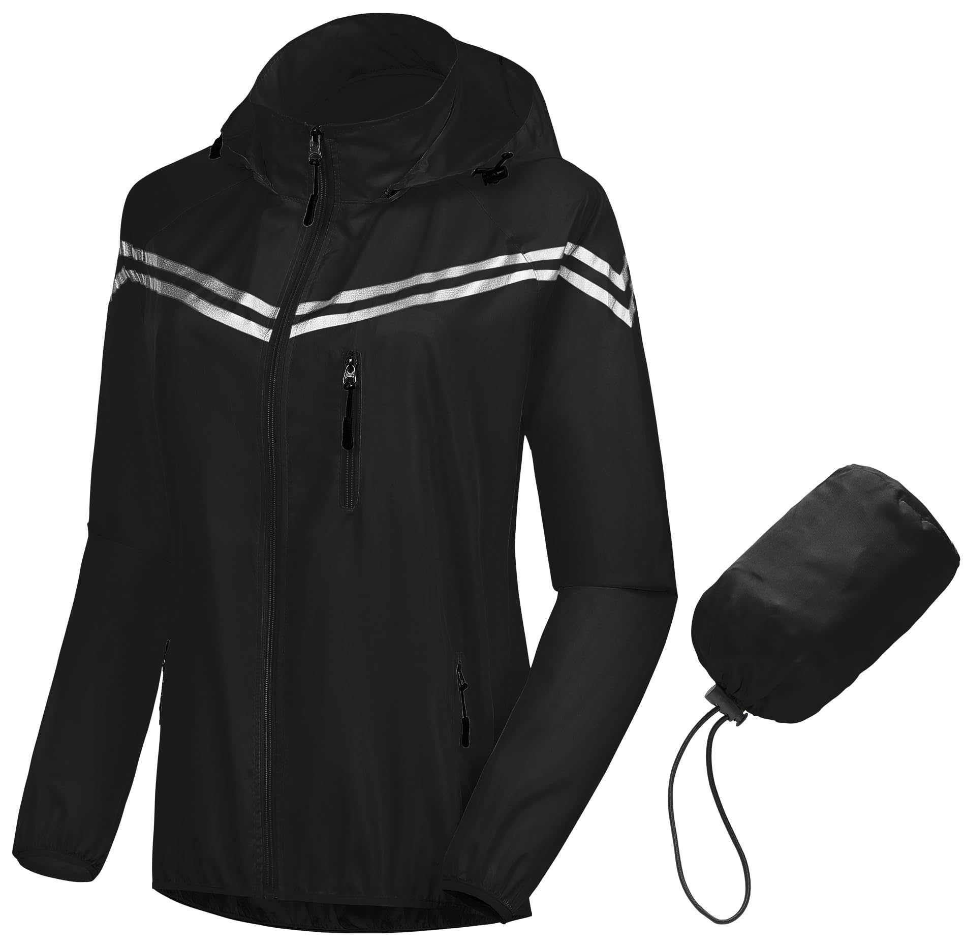 CREATMO Women's Lightweight Waterproof Running Jacket - Reflective Windbreaker with Detachable Hood - Packable Raincoat for Cycling, Jogging & Outdoor Activities