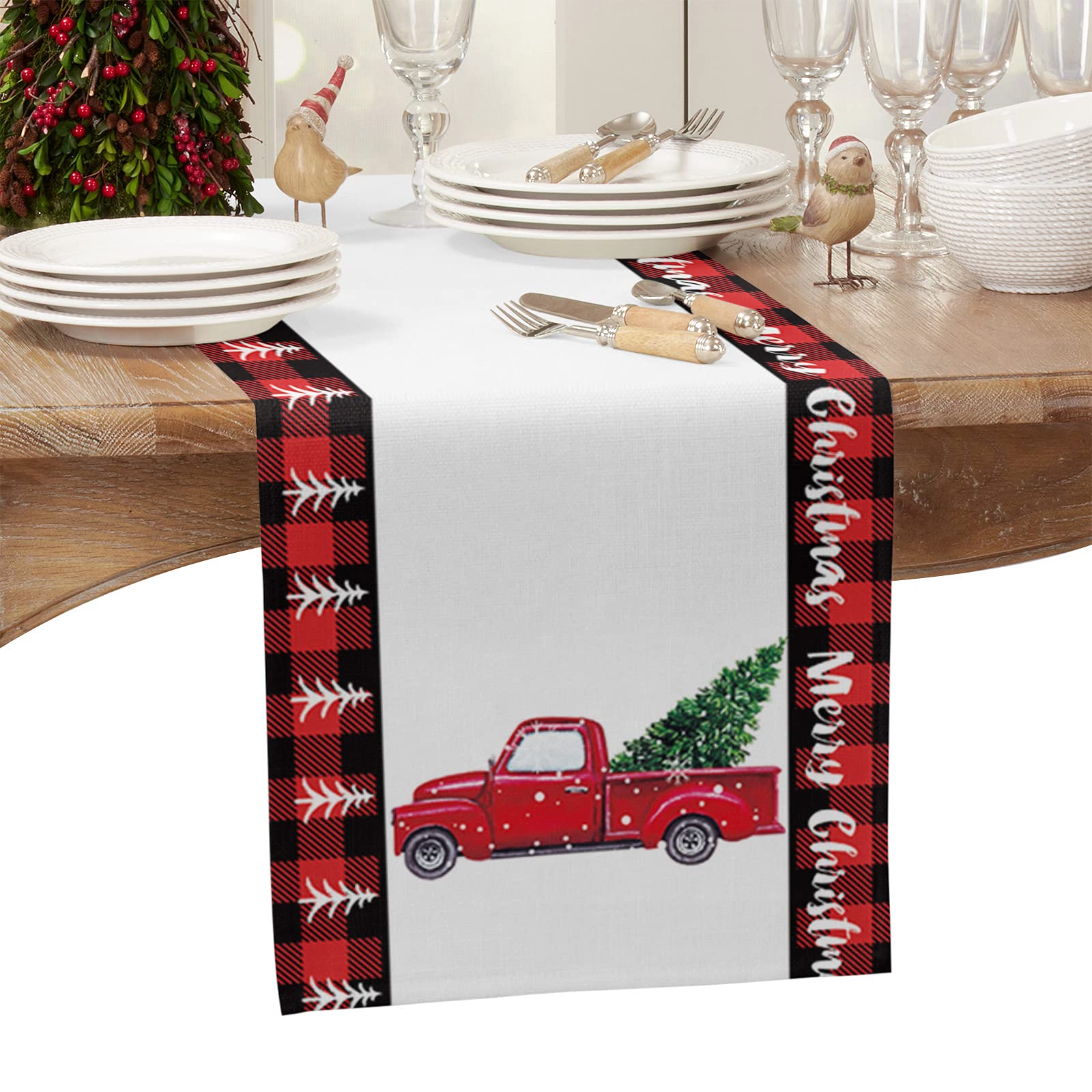 Festive Christmas Cotton Linen Table Runner - Red Black Buffalo Plaid Xmas Tree Design - 13x90 Inch Holiday Dining Table Decor for Farmhouse Kitchen, Buffet & Holiday Dinner Party Decorations