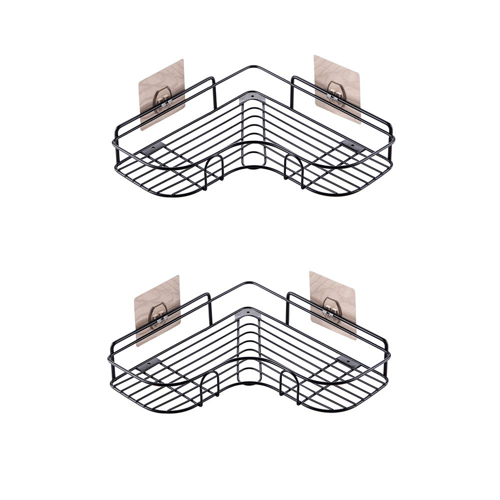 Black Iron Wall-Mounted Corner Shelf Set of 2 - Bathroom & Kitchen Storage Organizer for Shower, Toiletries & Small Items - Rustproof Non-Perforated Triangle Shelves for Home, Apartment & RV Use
