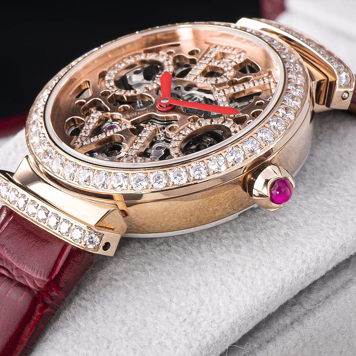 Luxury Women's Rose Gold Automatic Watch with Skeleton Dial - Genuine Leather Strap - Elegant Dress Watch for Business, Party & Special Occasions
