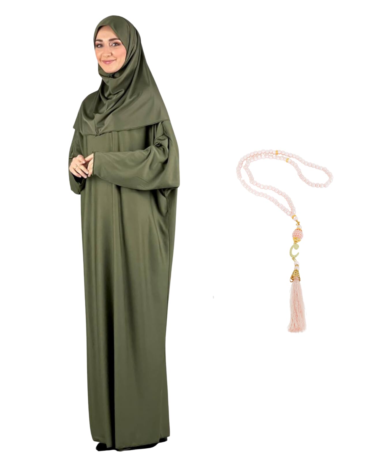 Elegant Muslim Women's Prayer Outfit - Long Abaya Robe with Hijab & Rosary | Islamic Dress for Prayer, Mosque & Special Occasions | Dubai Kaftan, Turkish Style Modest Fashion