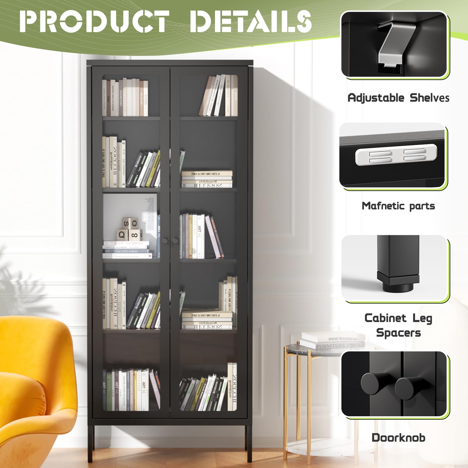 Betterland Black Metal Storage Cabinet with 2 Glass Doors & 4 Shelves - Lockable Curio Display Cabinet for Home, Pantry, Kitchen - Perfect for Showcasing Collectibles, Storing Spices, or Organizing Kitchen Supplies