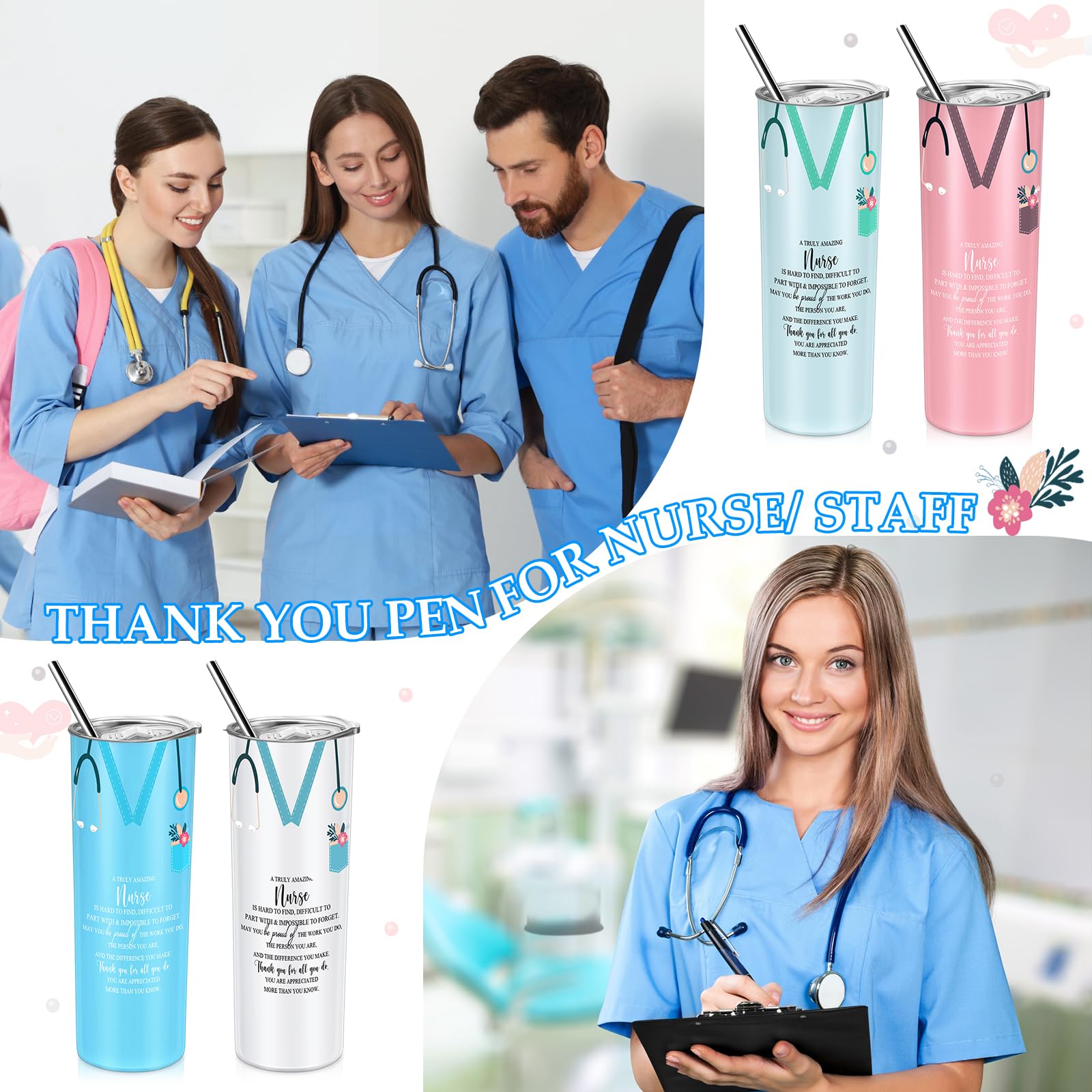 Sabary 24-Piece Nurse Appreciation Gift Set - 20oz Stainless Steel Tumblers with Straws, Stethoscope & Sign - Perfect for CNA Gifts, Nurses Week, Nursing Students & Medical Professionals - Great for Hospitals, Clinics & Christmas Celebrations (Multicolor)