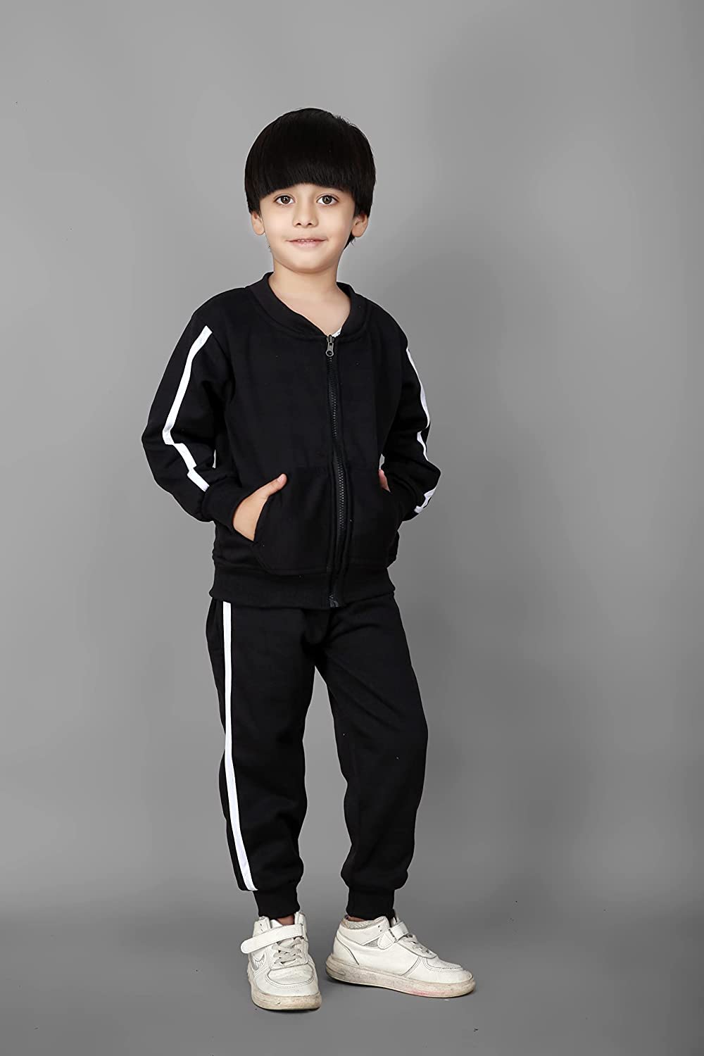 Ameeha Stylish Kids Striped Track Suit for Boys & Girls (8-9 Years) - Black Athletic Outfit for School, Sports & Playtime