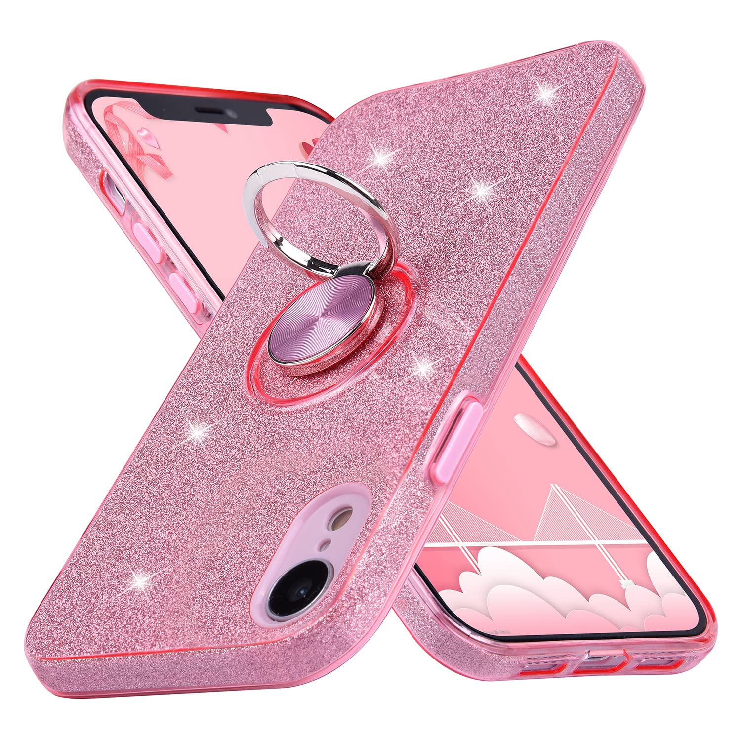 Wisdompro Cute Glitter Bling Sparkle Protective Case with Ring Kickstand for iPhone XR (6.1 Inch) - Pink | Durable Shockproof Cover for Women & Girls | Perfect for Daily Use, Work & Travel