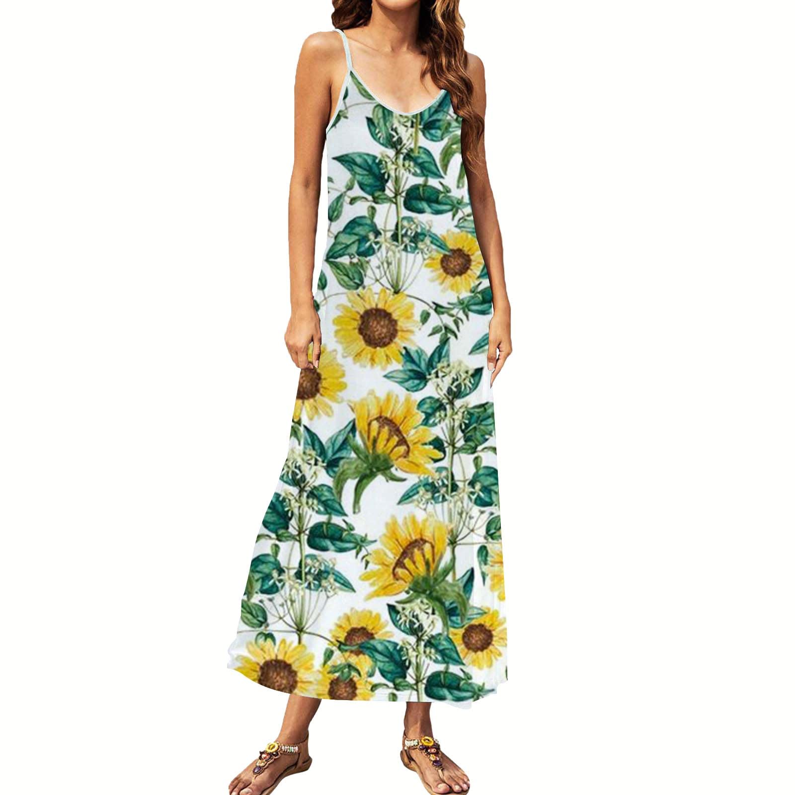 iOPQO Women's Floral Printed Spaghetti Strap Maxi Dress - Lightweight Summer Sundress with Round Neck (Yellow, XXL) | Perfect for Beach Vacations, Pool Parties & Casual Outings