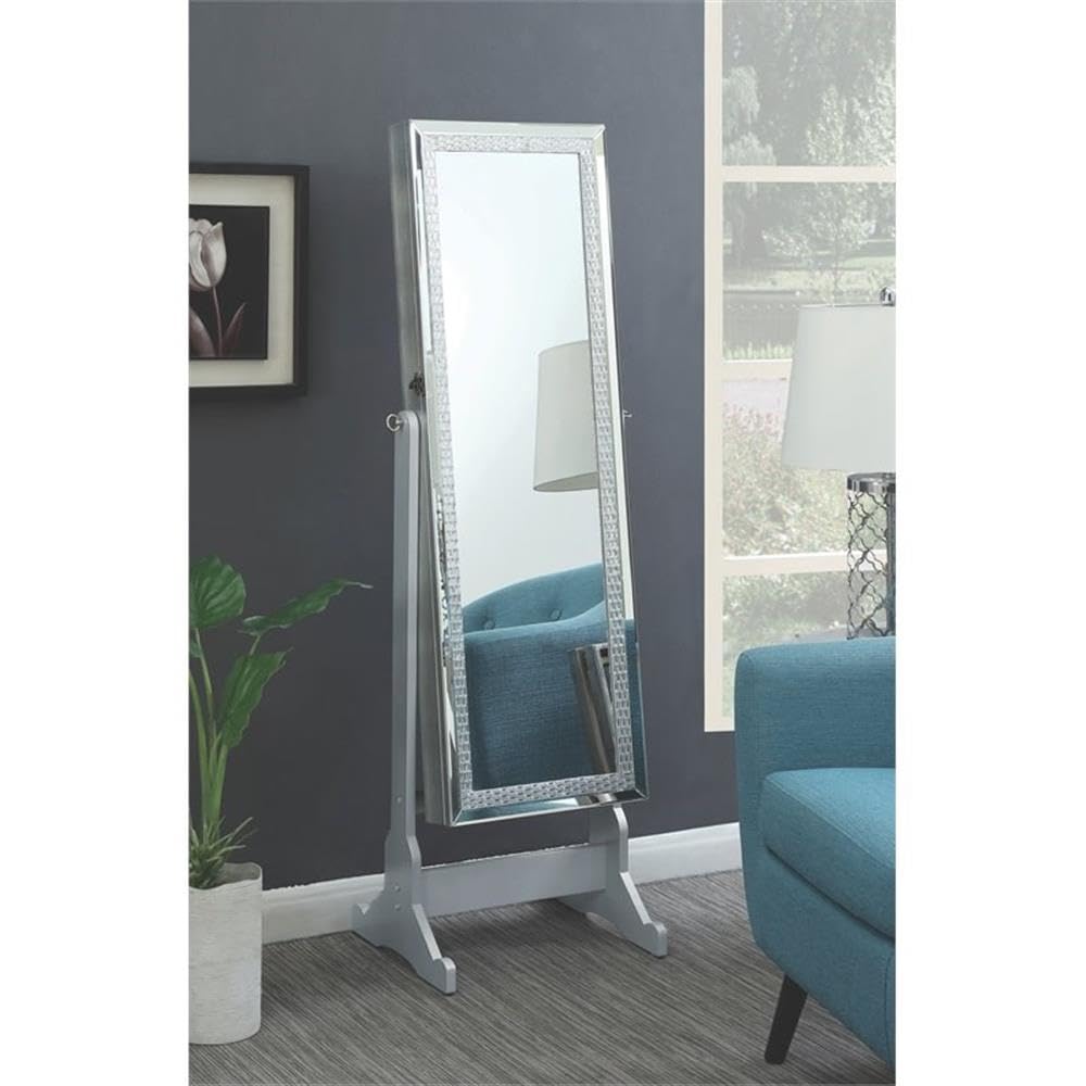 BOWERY HILL Modern Jewelry Cheval Mirror with Crystal Trim in Silver - Full Length Dressing Mirror for Bedroom, Vanity & Closet Organization