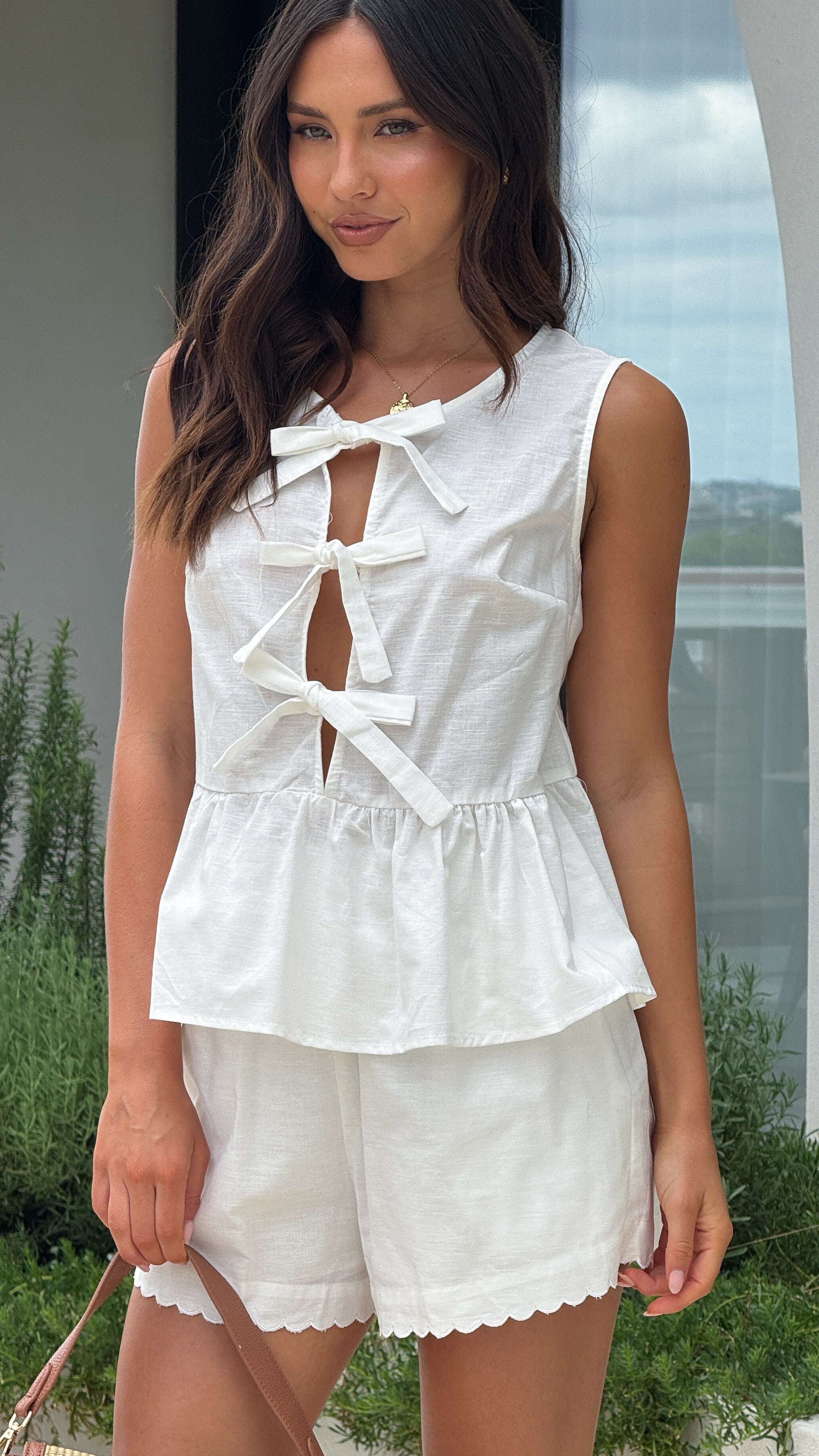 Kristie Tie Front Top and Shorts Set - Women's Summer Outfit, White | Casual Wear, Beach Vacation, Street Style Fashion