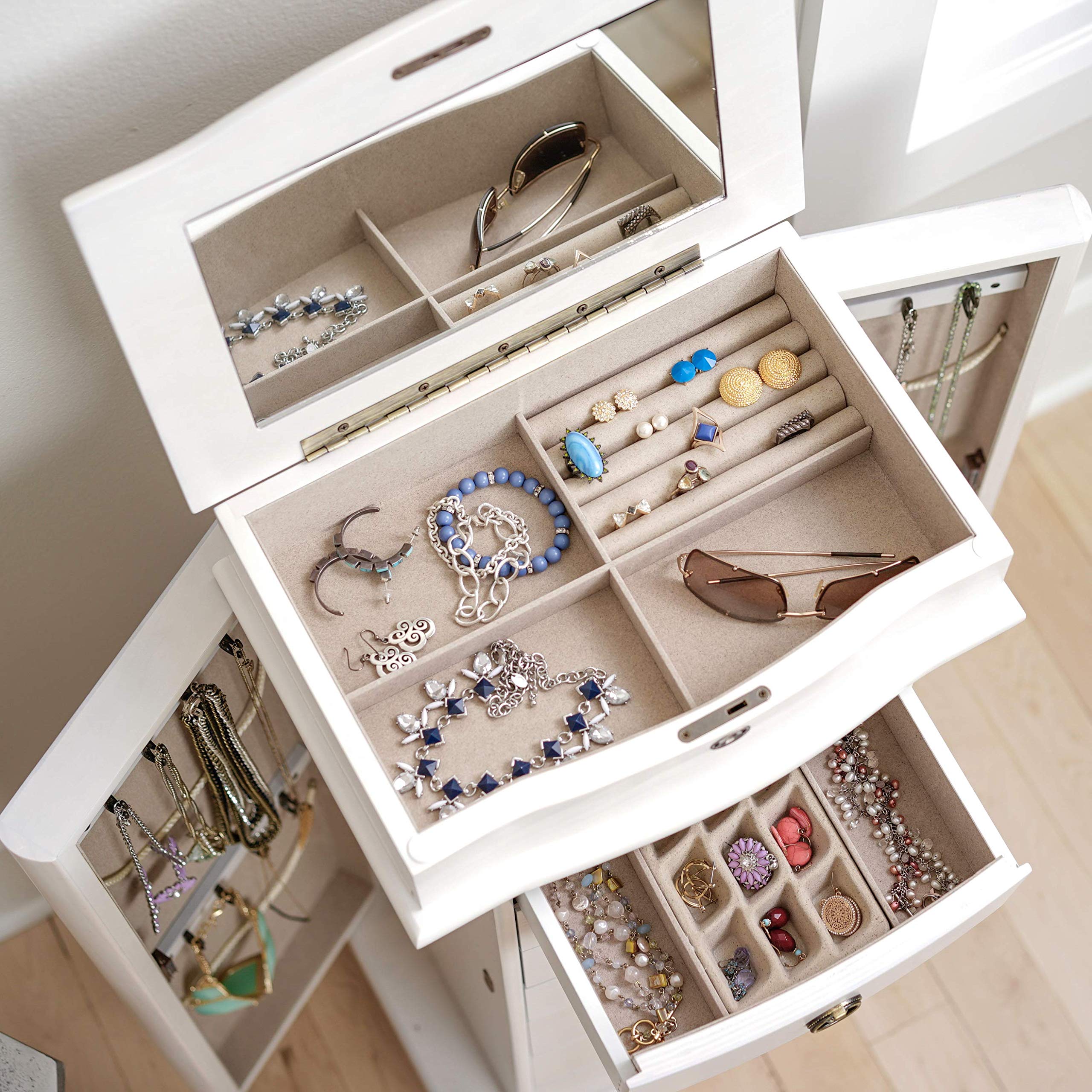 Hives & Honey Noel Standing Jewelry Armoire Cabinet with Lock - White Jewelry Storage Organizer with Flip Mirror, 2 Side Doors & 7 Drawers for Necklaces, Earrings, Bracelets | Perfect for Bedroom, Closet & Dressing Room Organization