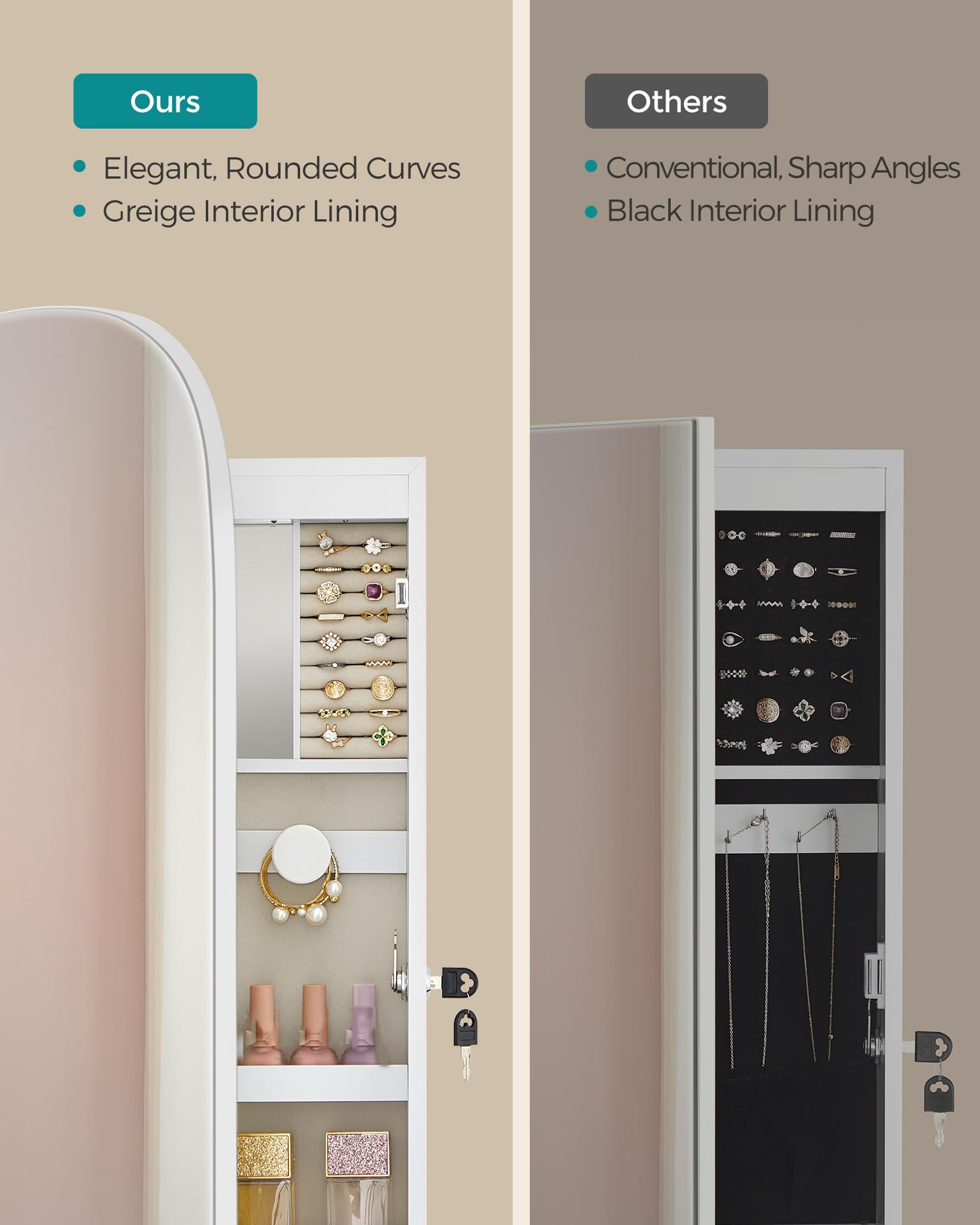 SONGMICS LED Jewelry Organizer Cabinet with Lockable Mirror - Wall or Door Mounted Jewelry Storage, 3.9 x 16.5 x 42.5 Inches, White with Greige Lining - Perfect for Bedroom, Closet, or Dressing Room Organization