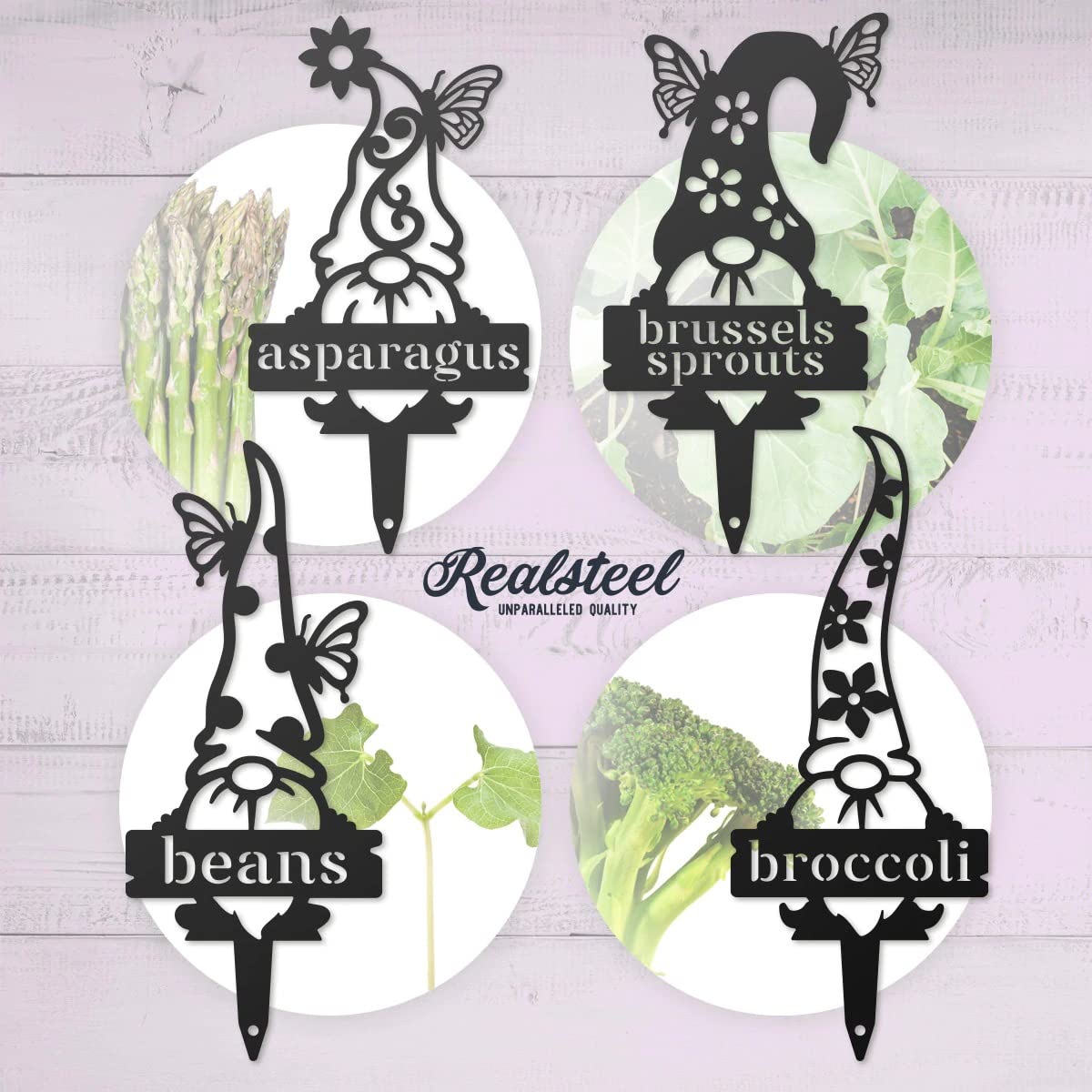RealSteel Metal Garden Gnome Plant Markers - Durable Outdoor Plant Labels & Vegetable Garden Stakes for Gardening, Yard Decor & Gifts - Perfect for Organizing Herb Gardens, Vegetable Patches & Flower Beds