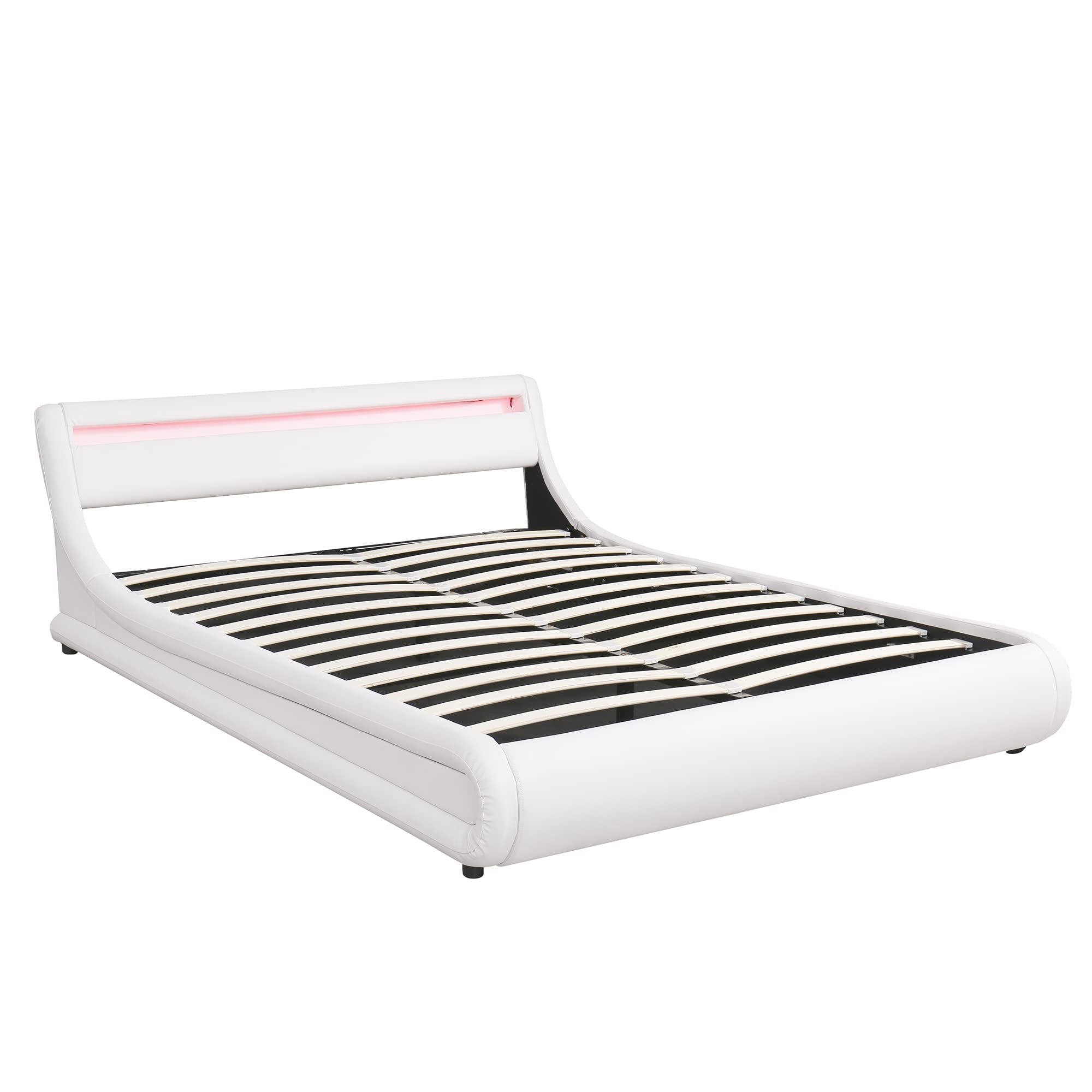 Queen Size Upholstered Leather Bed Frame with Hydraulic Storage & LED Headboard - Wooden Platform Bed with Classic Design & Under Bed Storage (White + Tech Leather-LED) for Modern Bedroom, Guest Room & Master Suite