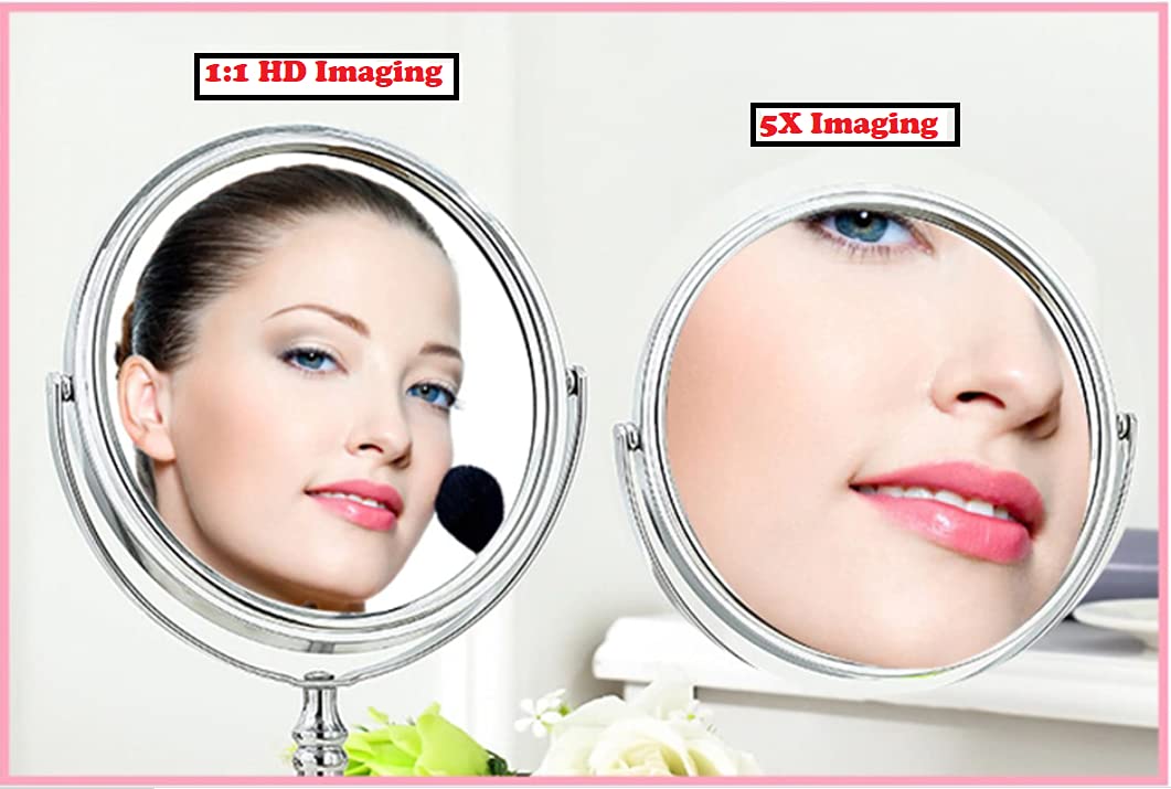 KRIVA Dual Sided Makeup Mirror 1X & 5X Magnification - Portable Folding Vanity Mirror with Stand for Bathroom, Bedroom, Dressing Table | Perfect for Makeup Application, Shaving, Skincare & Beauty Salon Use | Great Gift Idea for Women