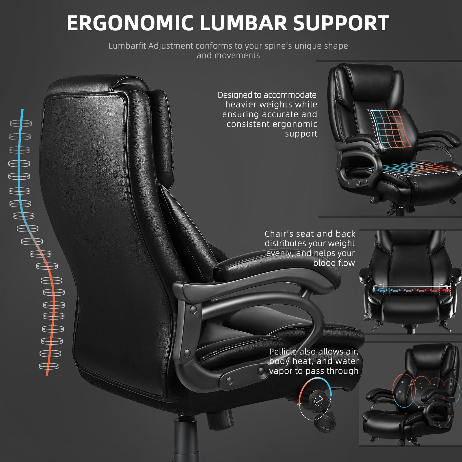 VITESSE 500lbs Heavy Duty Ergonomic Office Chair - Big & Tall Executive Chair with Lumbar Support for Back Pain Relief - High Back Desk Chair with Quiet Rubber Wheels for Home & Office Workspaces