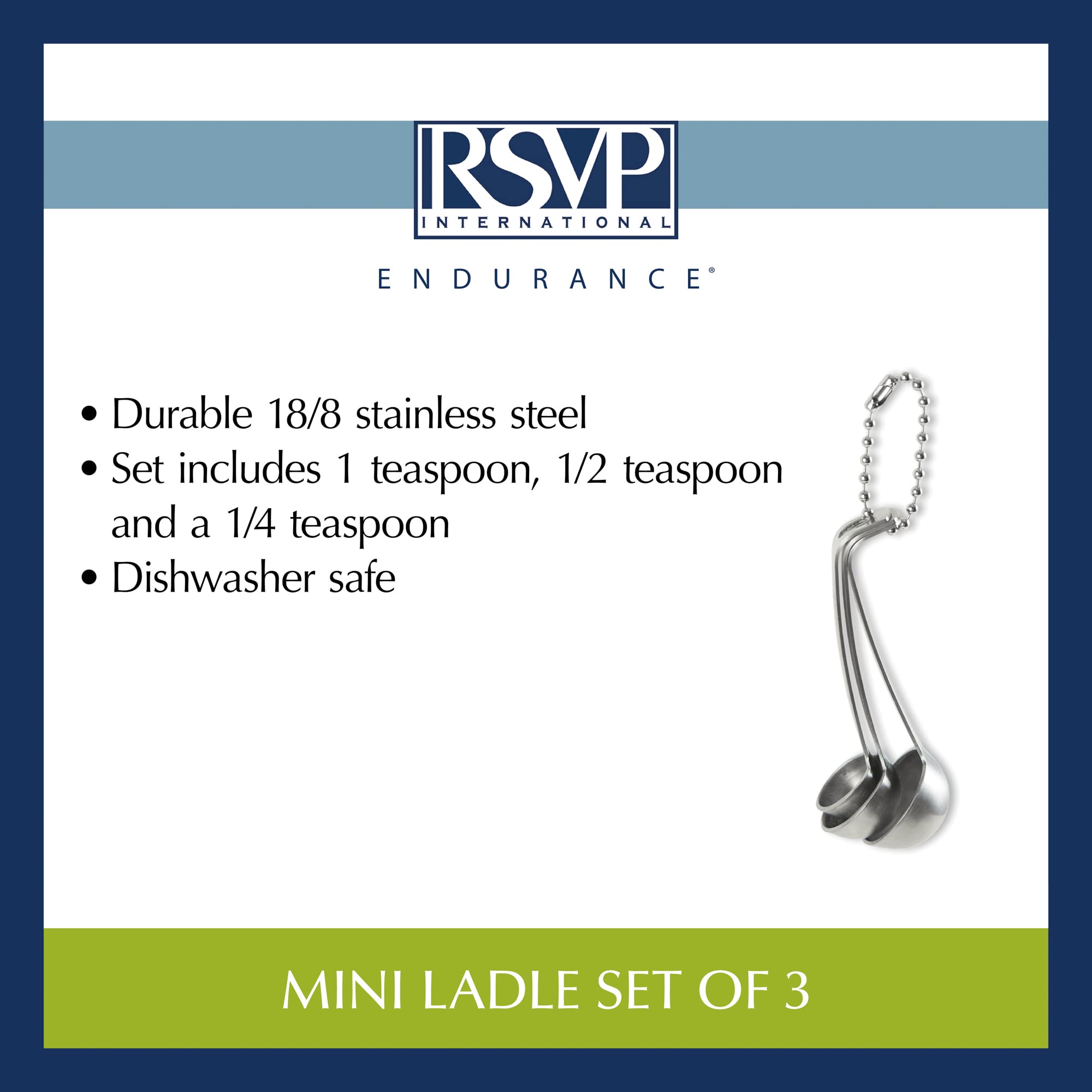 RSVP International Endurance Kitchen Collection - 3-Piece Stainless Steel Measuring Tools Set with Mini Ladles | Dishwasher Safe | Perfect for Baking, Cooking & Meal Prep
