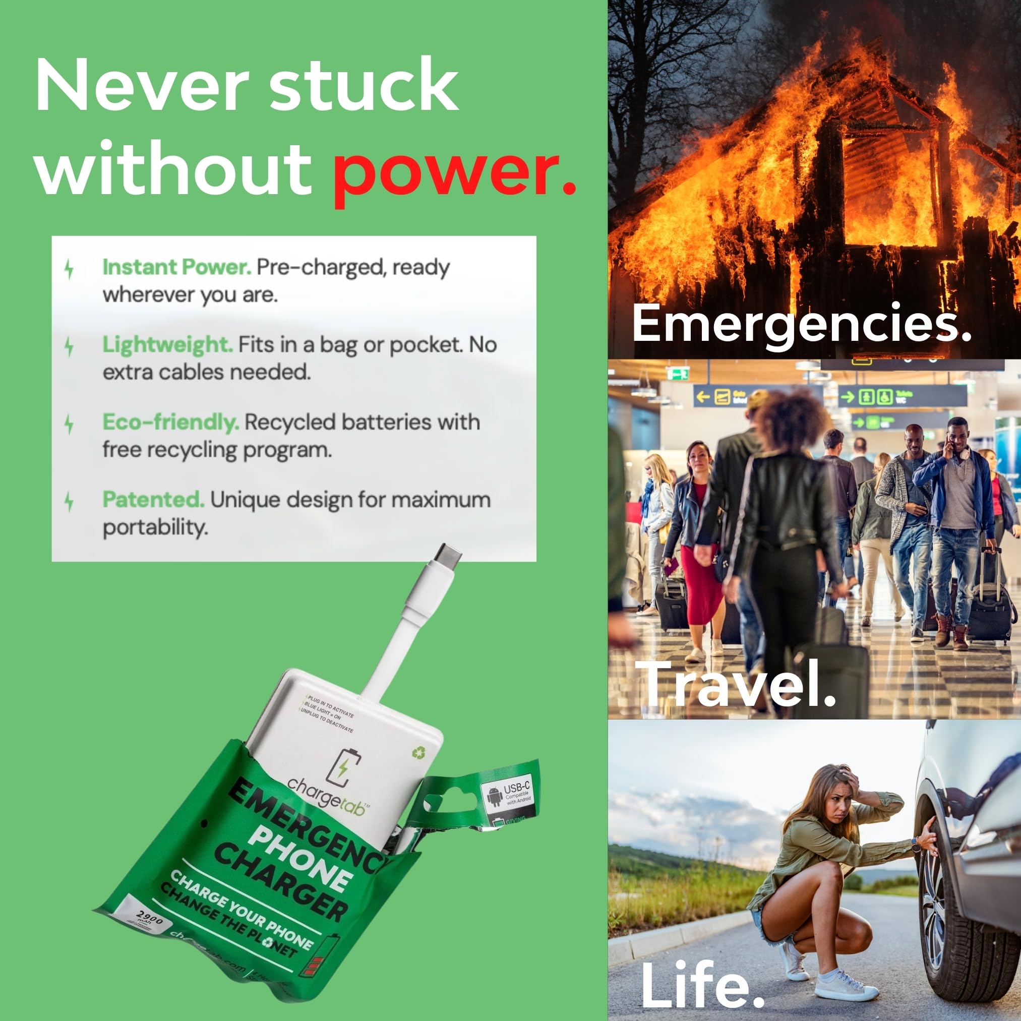 ChargeTab Emergency Portable USB-C Charger 3000mAh - Slim & Light Power Bank with 2-Year Shelf Life - Fast Charging for iPhone 15/16, Samsung Galaxy, Android USB-C Devices (10 Pack) - Perfect for Travel, Camping, and Emergency Power Backup