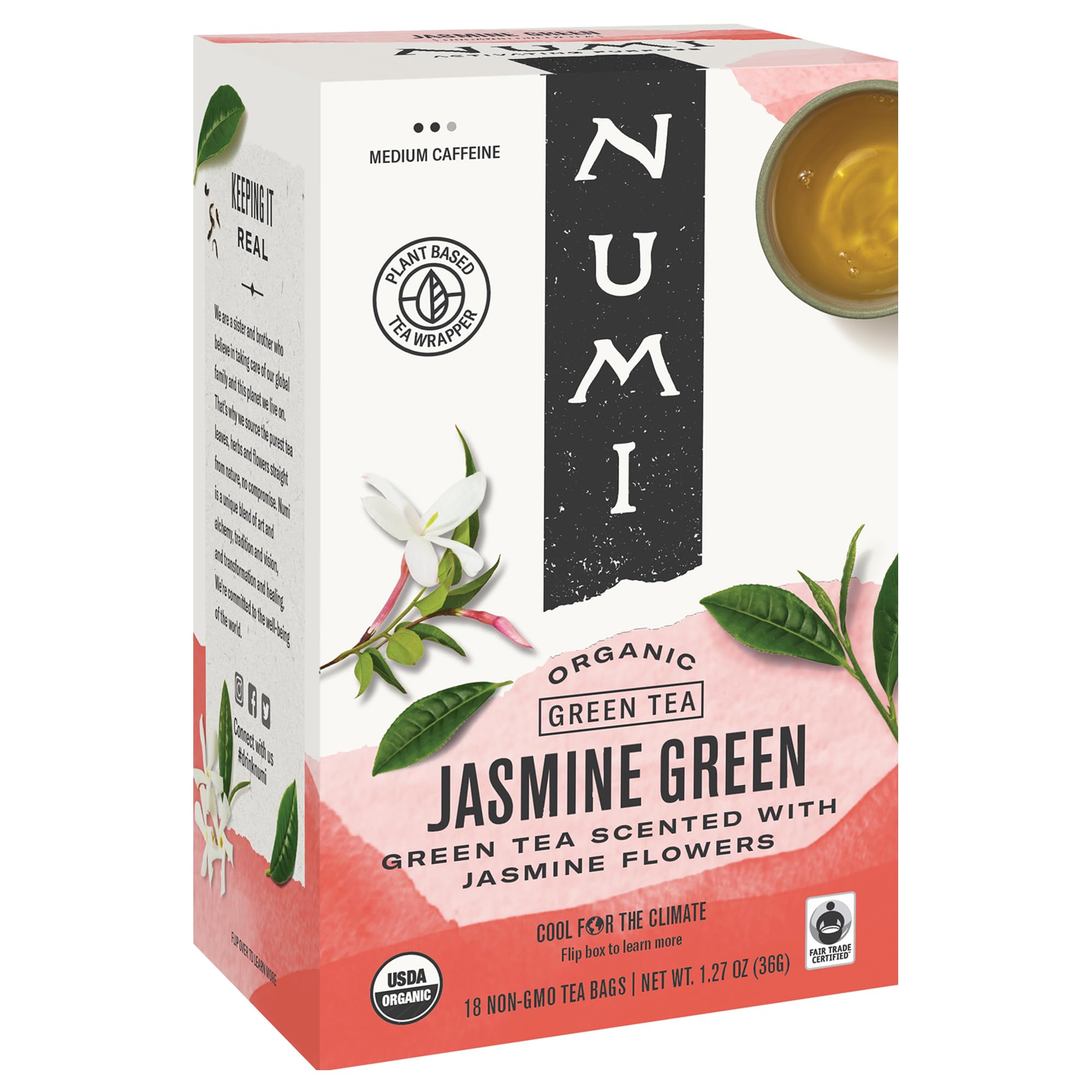 Numi Organic Jasmine Green Tea Bags - Medium Caffeine - 18 Count - Floral Aromatic Tea for Relaxation & Afternoon Tea Time
