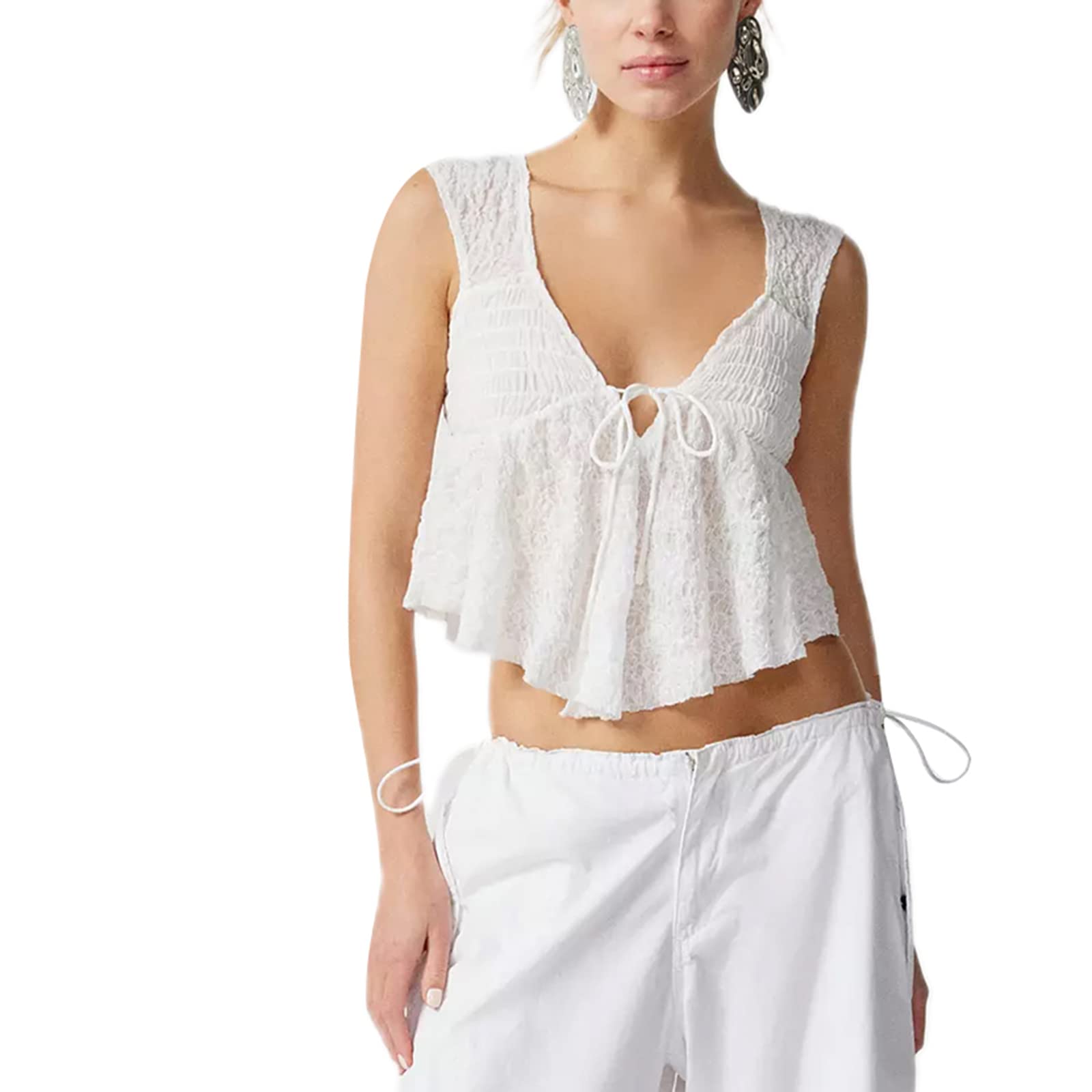 Y2K Women's Babydoll Tank Top - Cute Summer Crop Top with Lace-Up Detail & Textured Fabric | Aesthetic Fairycore Outfit for Beach, Music Festivals & Date Nights