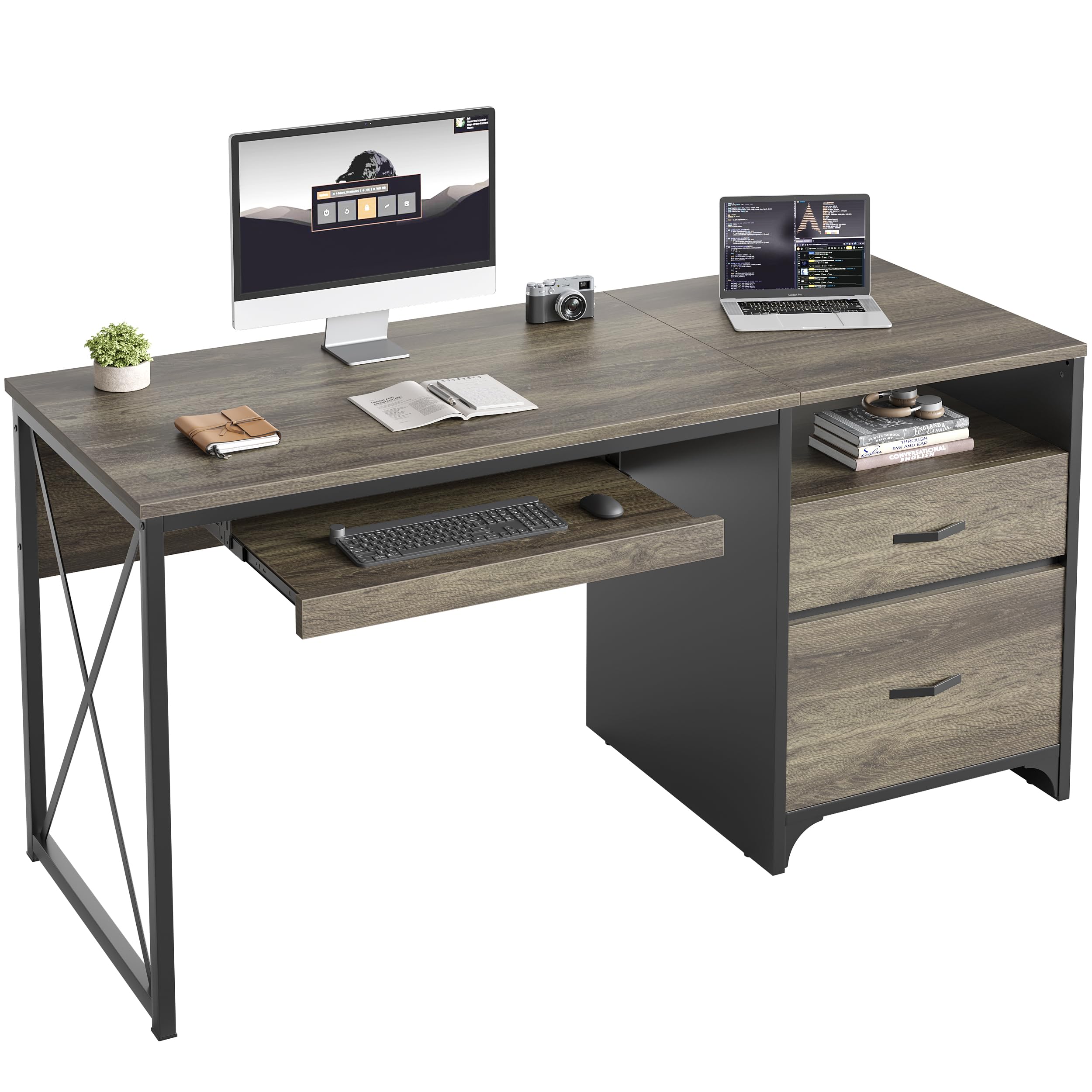 Bestier 55 Inch Industrial Office Desk with Drawers & Keyboard Tray - Wooden Computer Desk with Storage, File Drawer for Home Office - Dark Gray Oak - Perfect for Remote Work, Online Teaching & Small Space Workstations