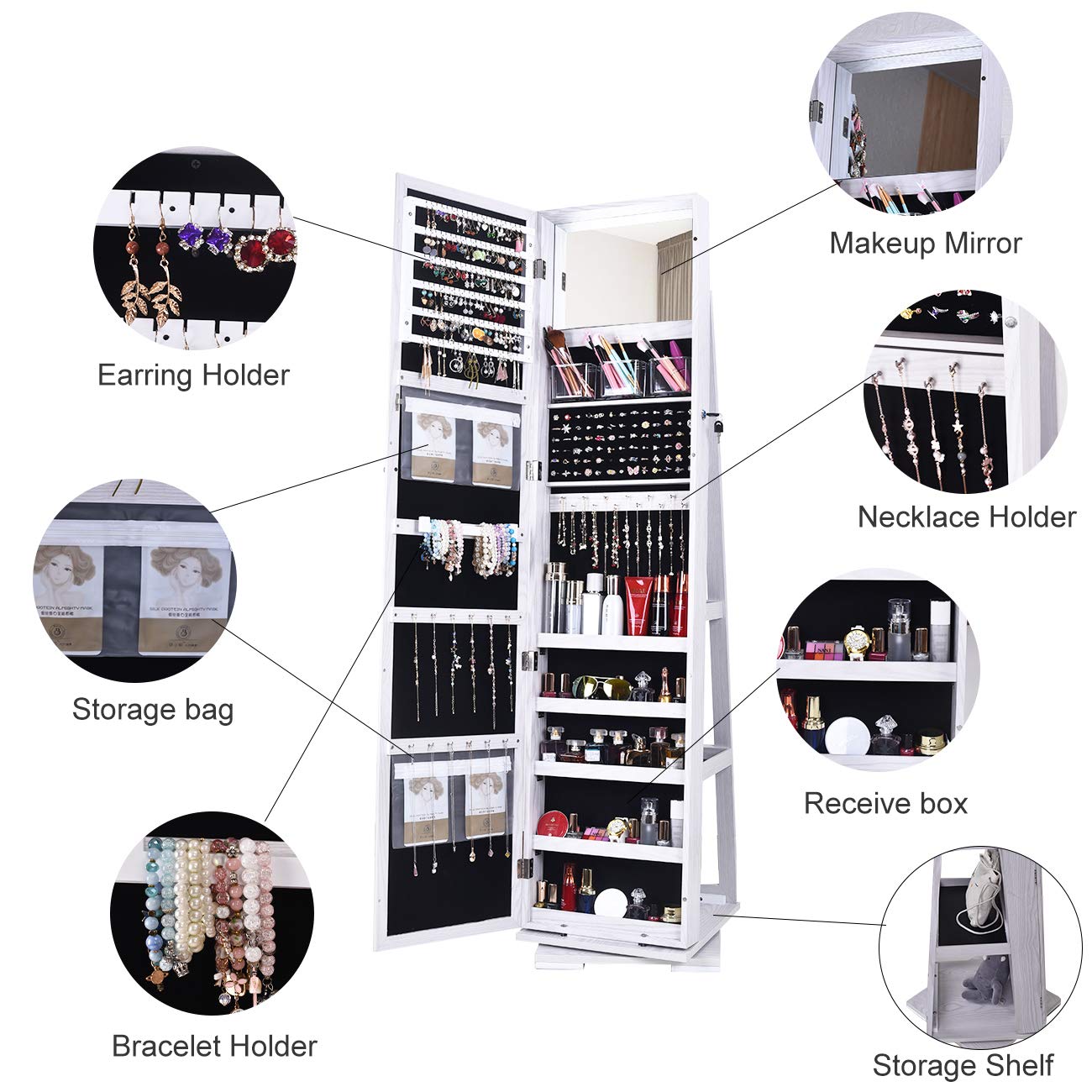 SogesGame 63x15 Inch Full Length Mirror Jewelry Cabinet with Lockable Storage - Wall/Door Mount Jewelry Armoire Organizer for Women - White - Perfect for Bedroom, Closet & Dressing Room Organization